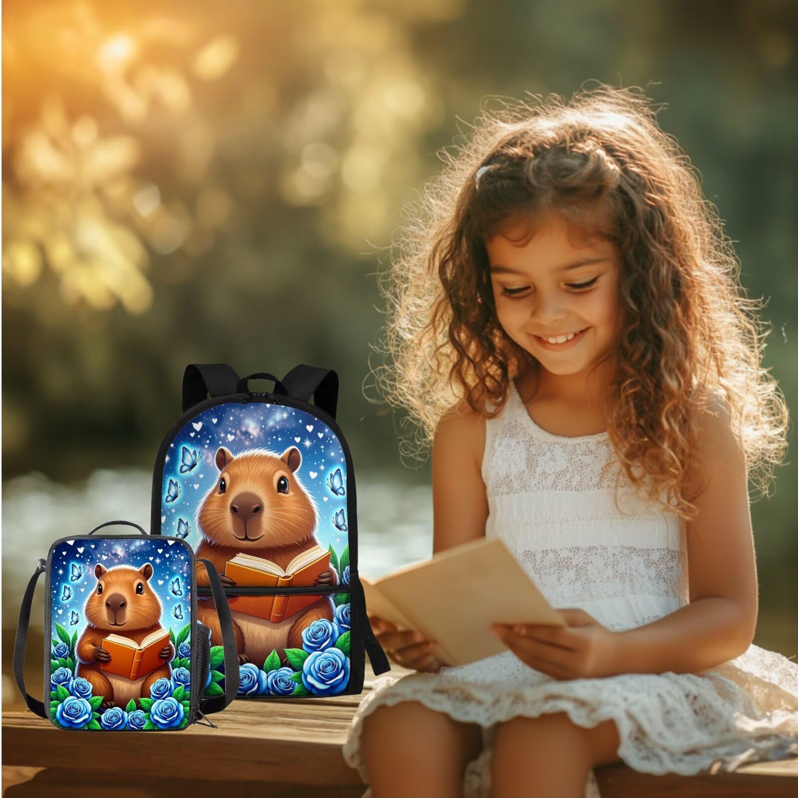 3-in-1-Rucksack für Kinder, Jungen, Schultaschen-Set mit isolierten Lunch-Taschen, Stifthalter, Schultaschen-Sets, Süße Capybara-Rose, One Size, Schulranzen-Set