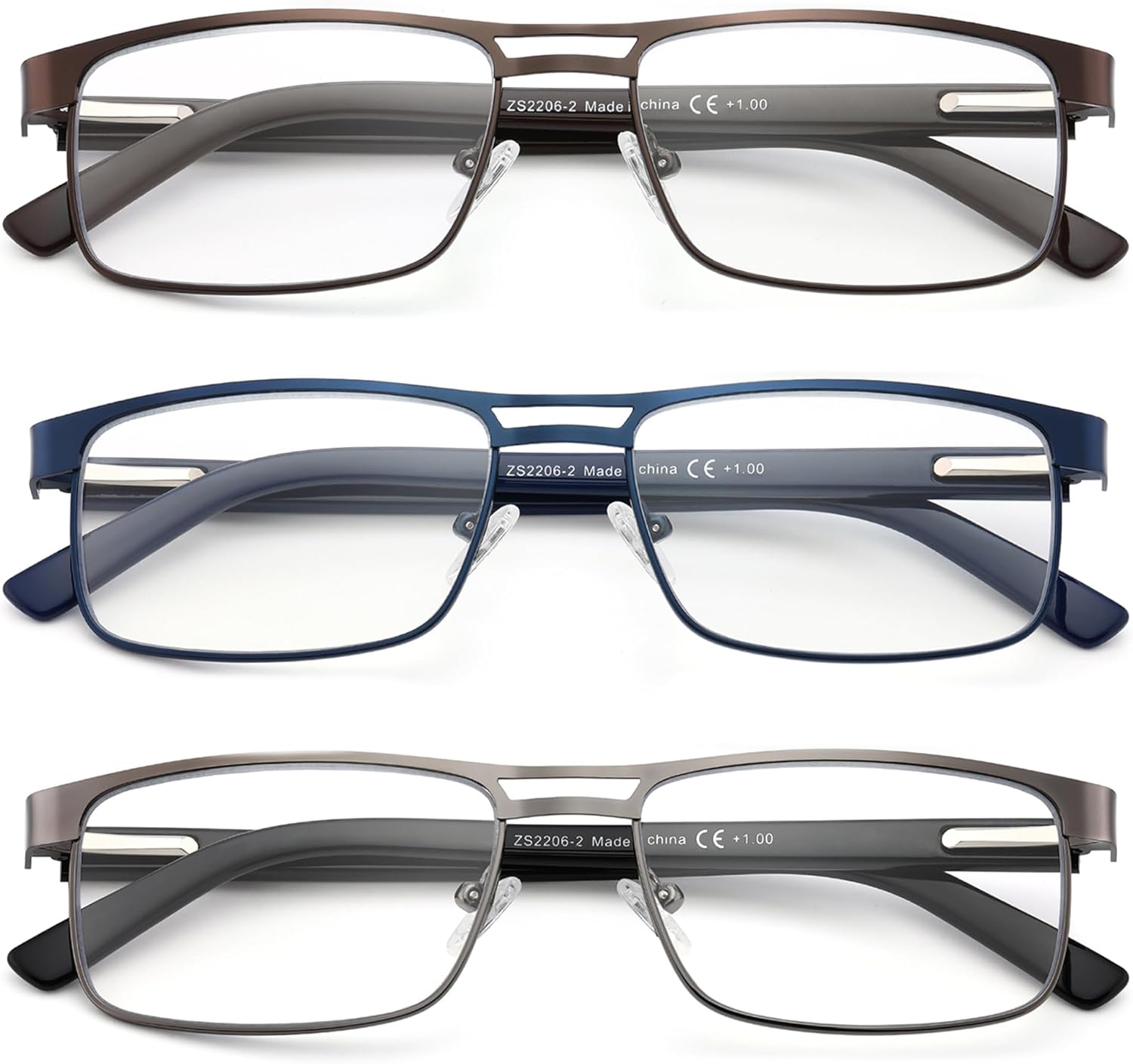 Metal Reading Glasses For Men, Blue Light Blocking Computer Readers Full Rim Rectangle Eyeglasses Spring Hinge, 3 Pack: Black/Brown/Blue, +1.75