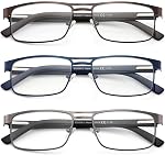 Reading Glasses For Men, Blue Light Blocking Mens Readers Full Metal Frame Rectangle Eyeglasses with Spring Hinge
