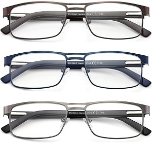 Reading Glasses For Men, Blue Light Blocking Mens Readers Full Metal Frame Rectangle Eyeglasses with Spring Hinge