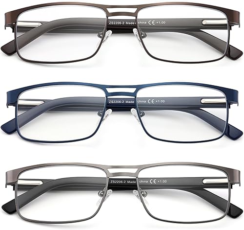 Paquete de 5 lentes de lectura para hombre, bloqueo de luz azul, lentes rectangulares con marco de metal completo con bisagra de resorte