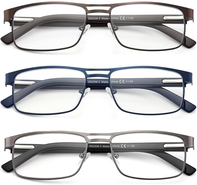 Reading Glasses For Men, Blue Light Blocking Mens Readers Full Metal Frame Rectangle Eyeglasses with Spring Hinge
