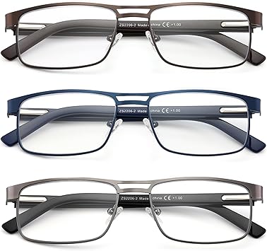 Metal Reading Glasses For Men, Blue Light Blocking Computer Readers Full Rim Rectangle Eyeglasses Spring Hinge, 3 Pack Black/Brown/Blue, +1.75