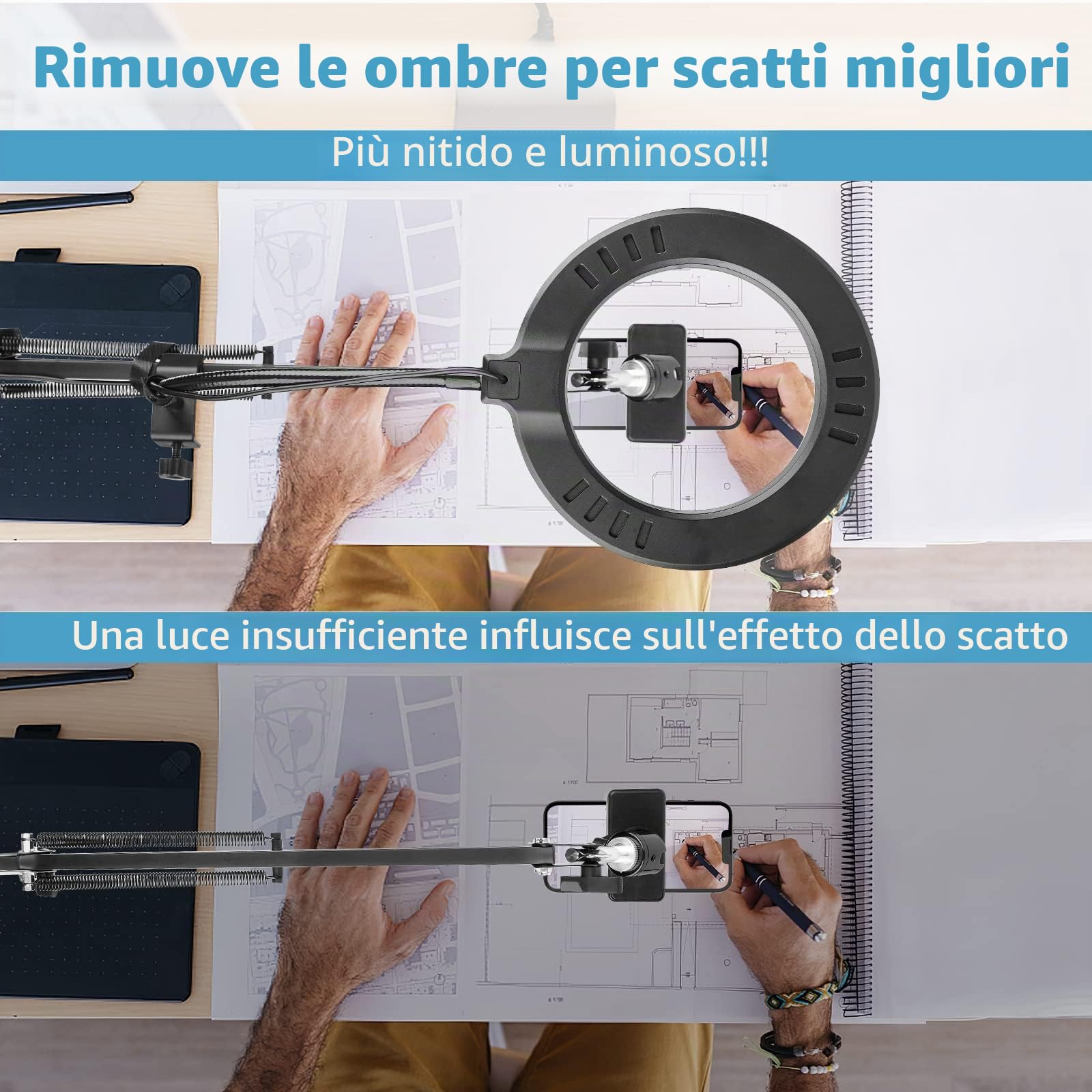 ChromLives - Supporto per telefono con luce ad anello, treppiede per registrazione video, braccio articolato flessibile, supporto per fotocamera con luce