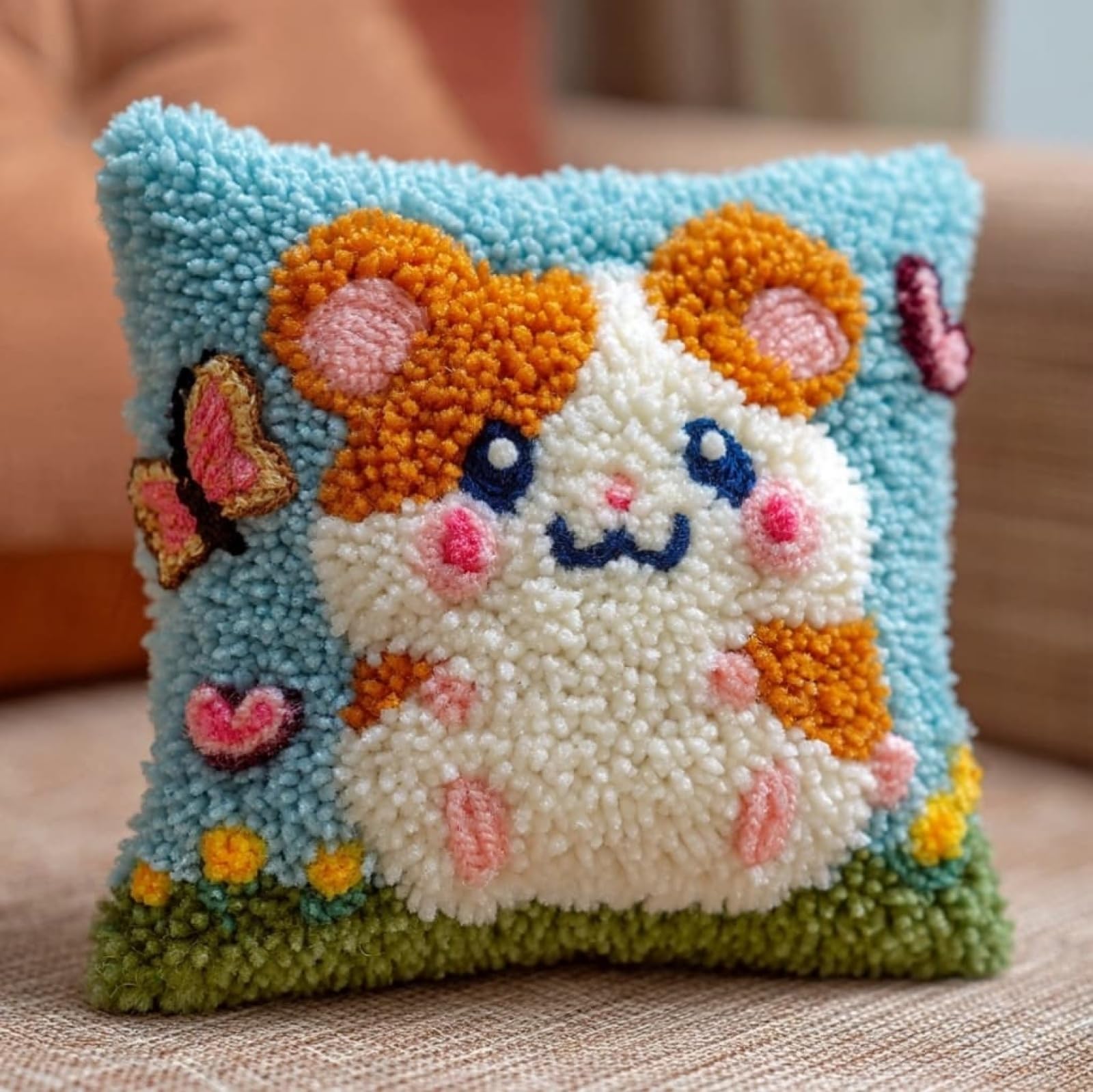WallustrioaW DIY Latch Hook Cushion Kits 43x43cm,Hamsters and Butterflies