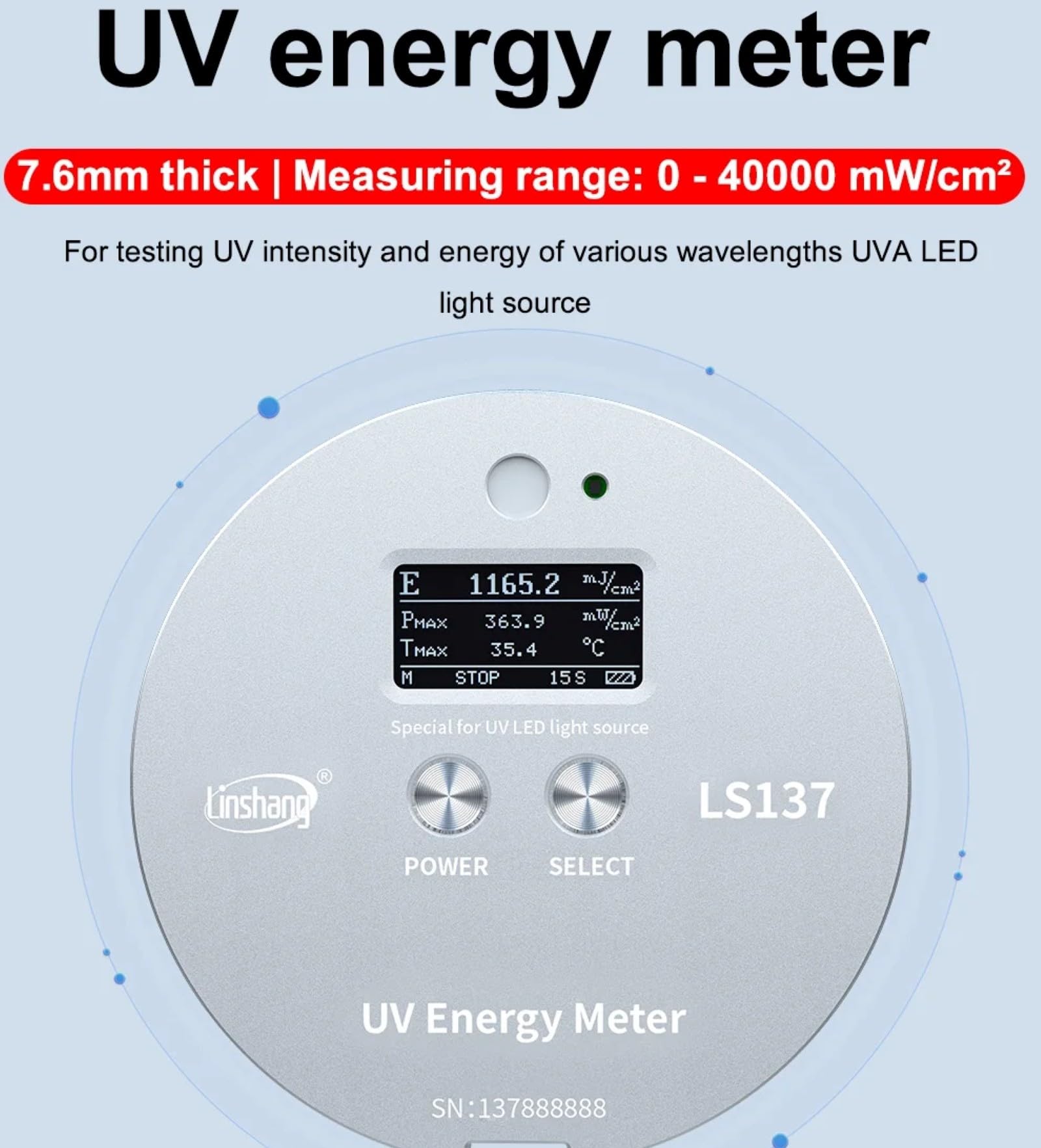 LS137 UVA-LED-Energiemessgerät UV-Strahlenmessgerät für 365nm 385nm 395nm 405nm UV-Tinten-Klebstoff-Beschichtungshärtung Belichtung Druck