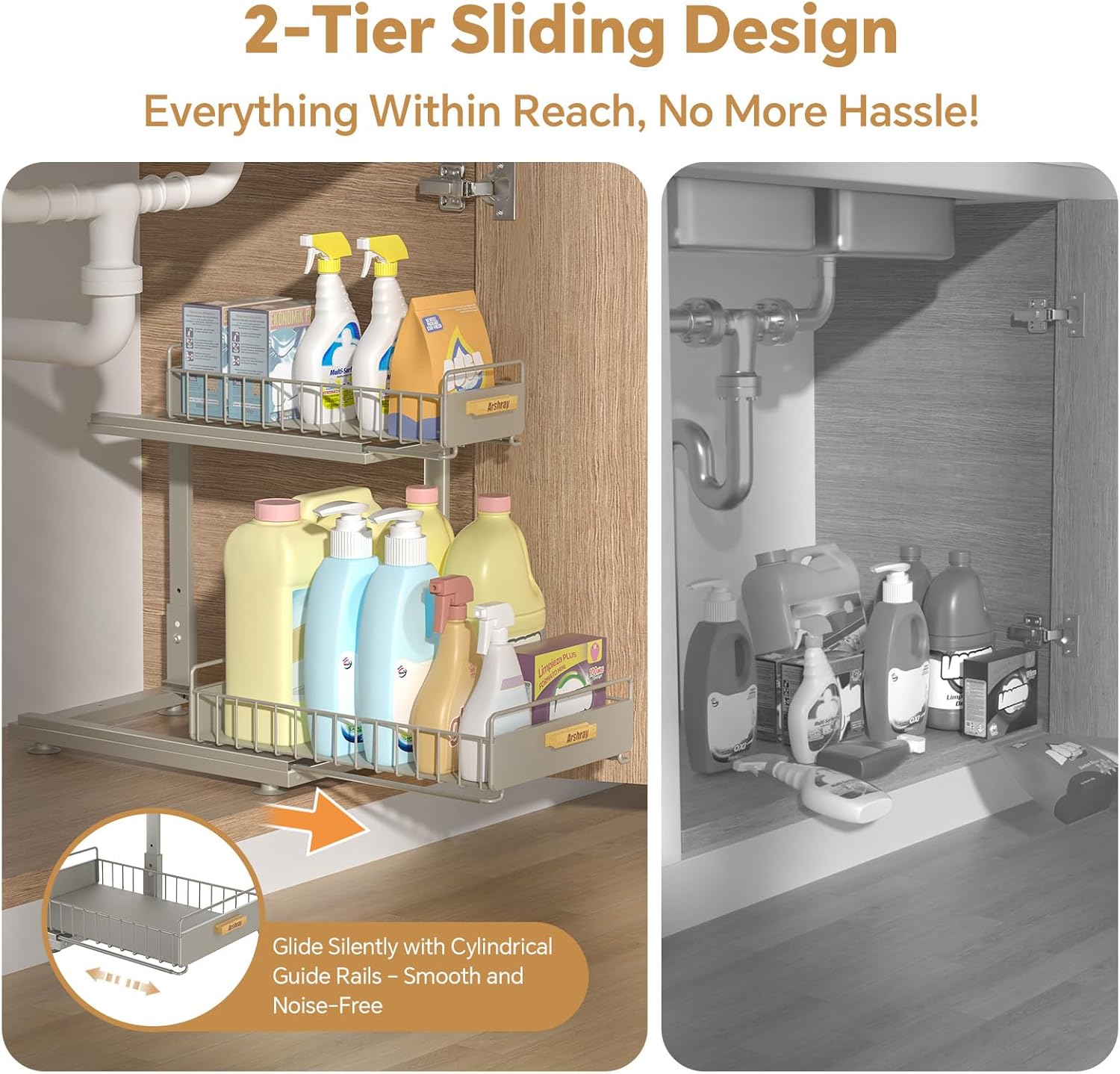 Under Sink Organizer Kitchen - Bathroom Organizers and Storage 2 Tier, Mute Pull Out Cabinet Organizer and Storage Shelves, Slide out Kitchen Organization with Track for Pantry, Grey - Image 3