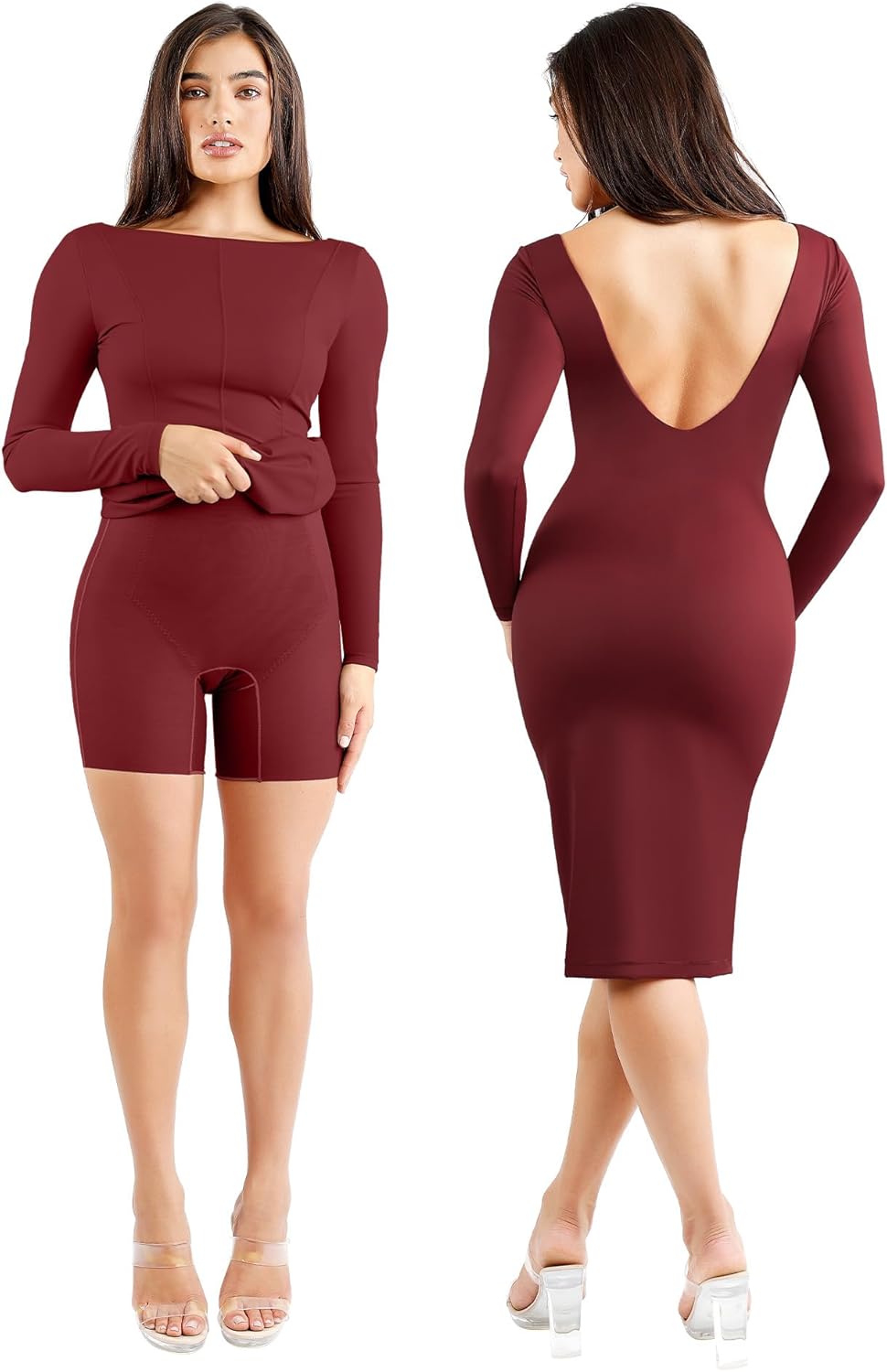 Popilush Backless Shaper Dress with Built in Shapewear Long Sleeve Midi Cocktail Dresses for Women