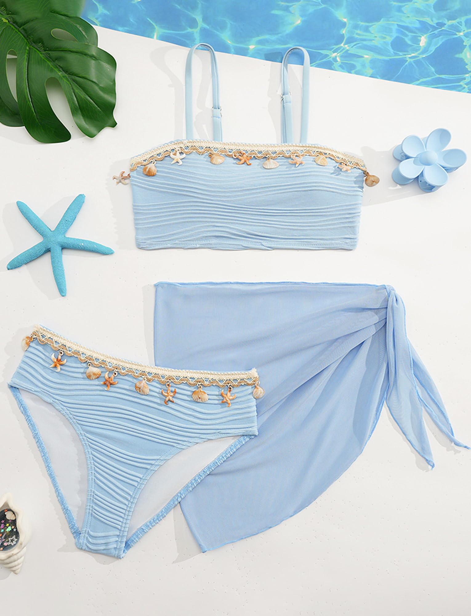 Maeau Bikini - Traje de baño de 3 piezas para niña, top de bikini+bragas+falda, conjunto de natación, playa, piscina, 8-12 años