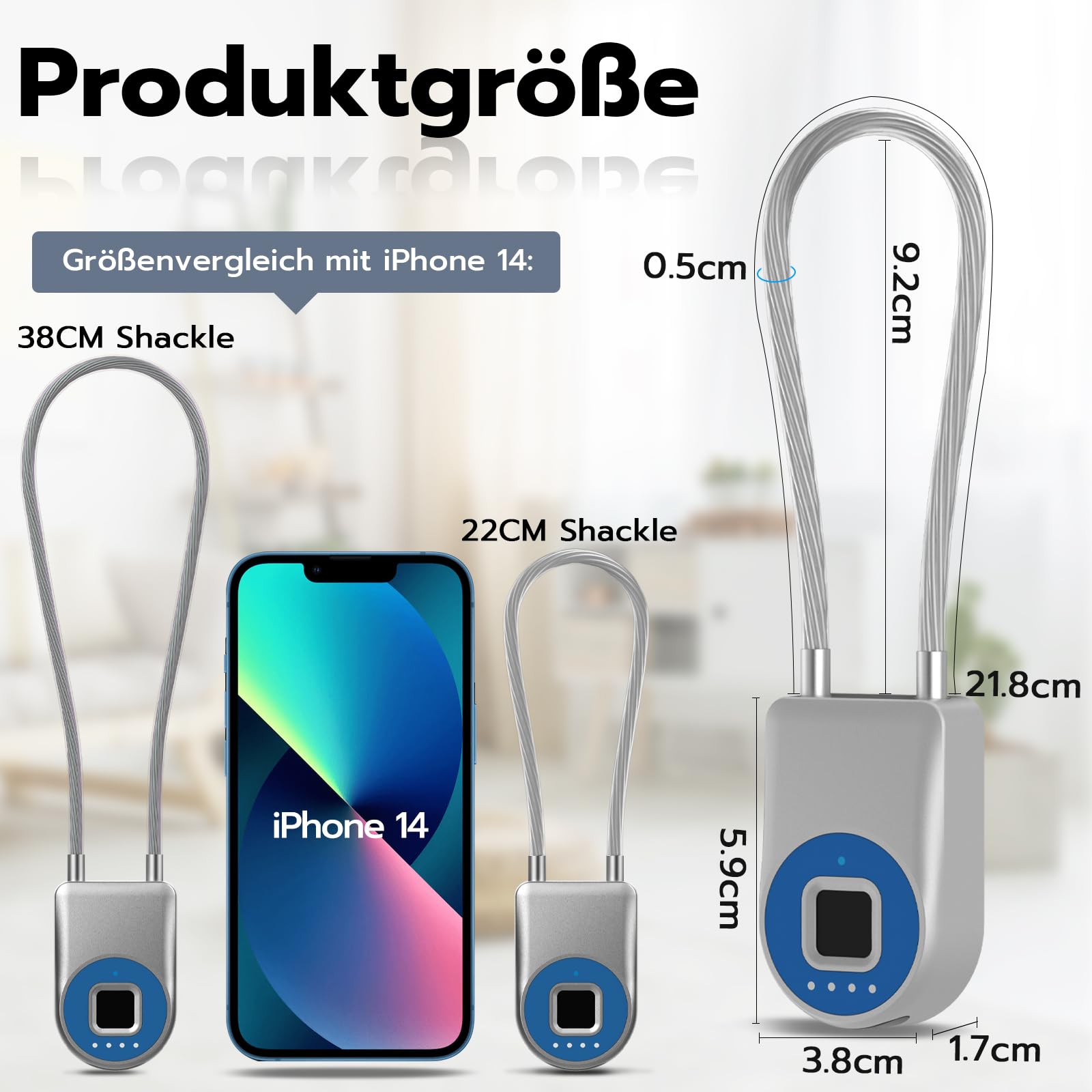 Anweller Lucchetto con impronte digitali, lucchetto con cavo da 22 cm, per impronte digitali con app, adatto per biciclette, scooter elettrici, bagagli, valigetta per armi, cassetta degli attrezzi,