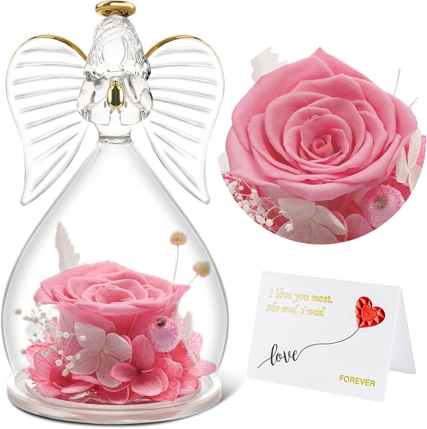 Yamonic Mom Gifts for Mothers Day Rose Flower in Glass Angel Figurines Gifts for Women Grandma Mom, Guardian Angel with Preserved Forever Real Rose Gifts for Valentine Day Mothers Day