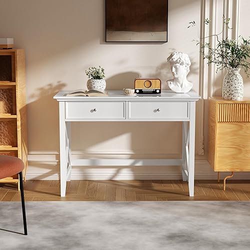 Miniatura 5 de Escritorio blanco para computadora con 2 cajones, moderno escritorio de maquillaje con almacenamiento, escritorio de escritura para oficina en casa,