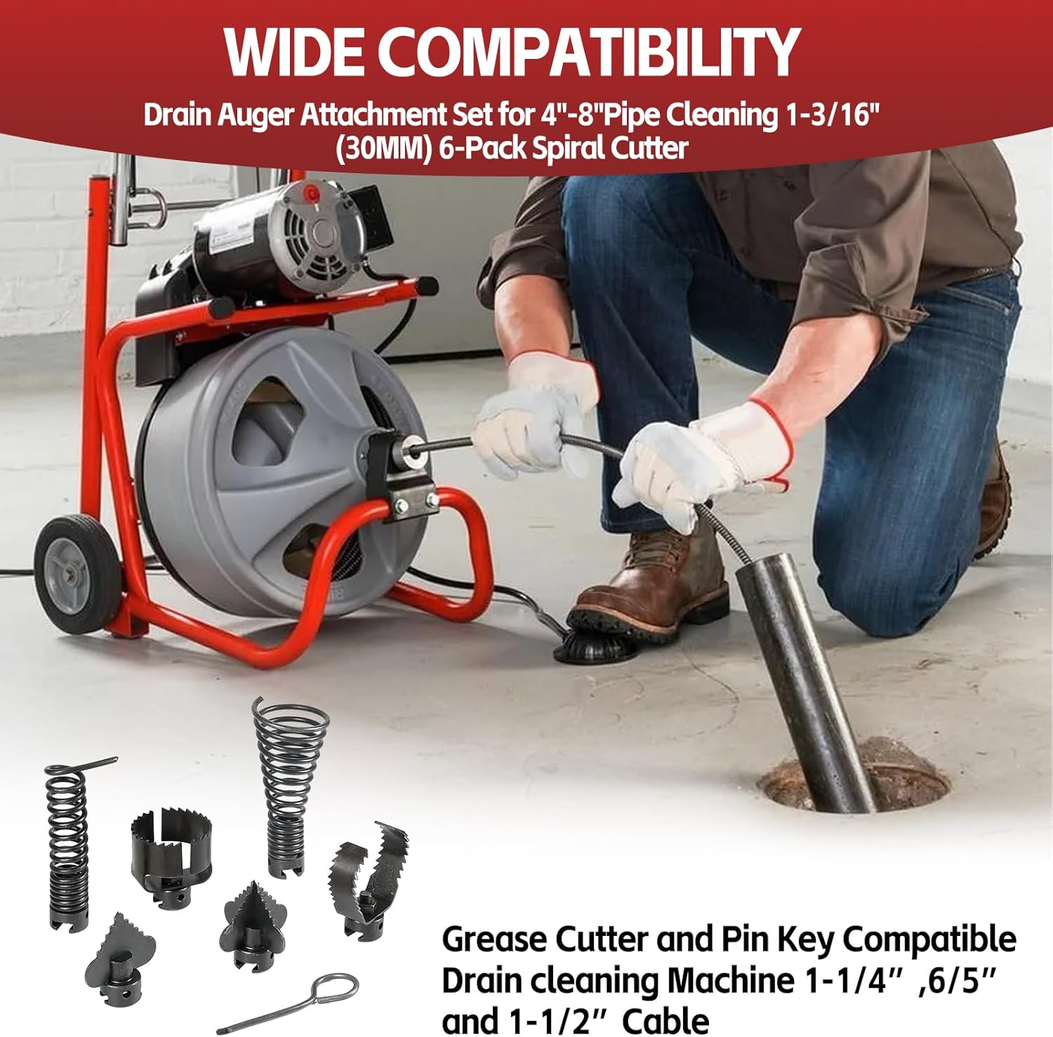 7-Piece Drain Auger Attachment Set for 1-3/16"(30MM) 4"-8"Pipes (Root Cutter, Butter Cutter & Spring Key) – Compatible with 1-1/4”, 1-1/2” & 6/5” Drain Cleaning Machines