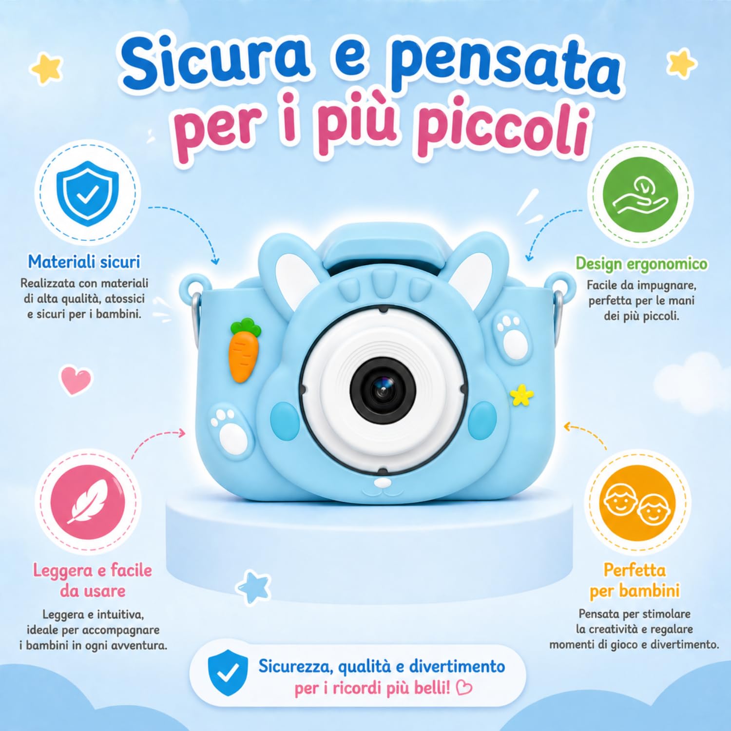 KidsCamera Bibi il Coniglio 2K – Macchina Fotografica Digitale per Bambini 3+ Anni con Memory Card 4GB Inclusa, Foto, Video, Giochi e Filtri – Prima Fotocamera Regalo Compleanno Bambina
