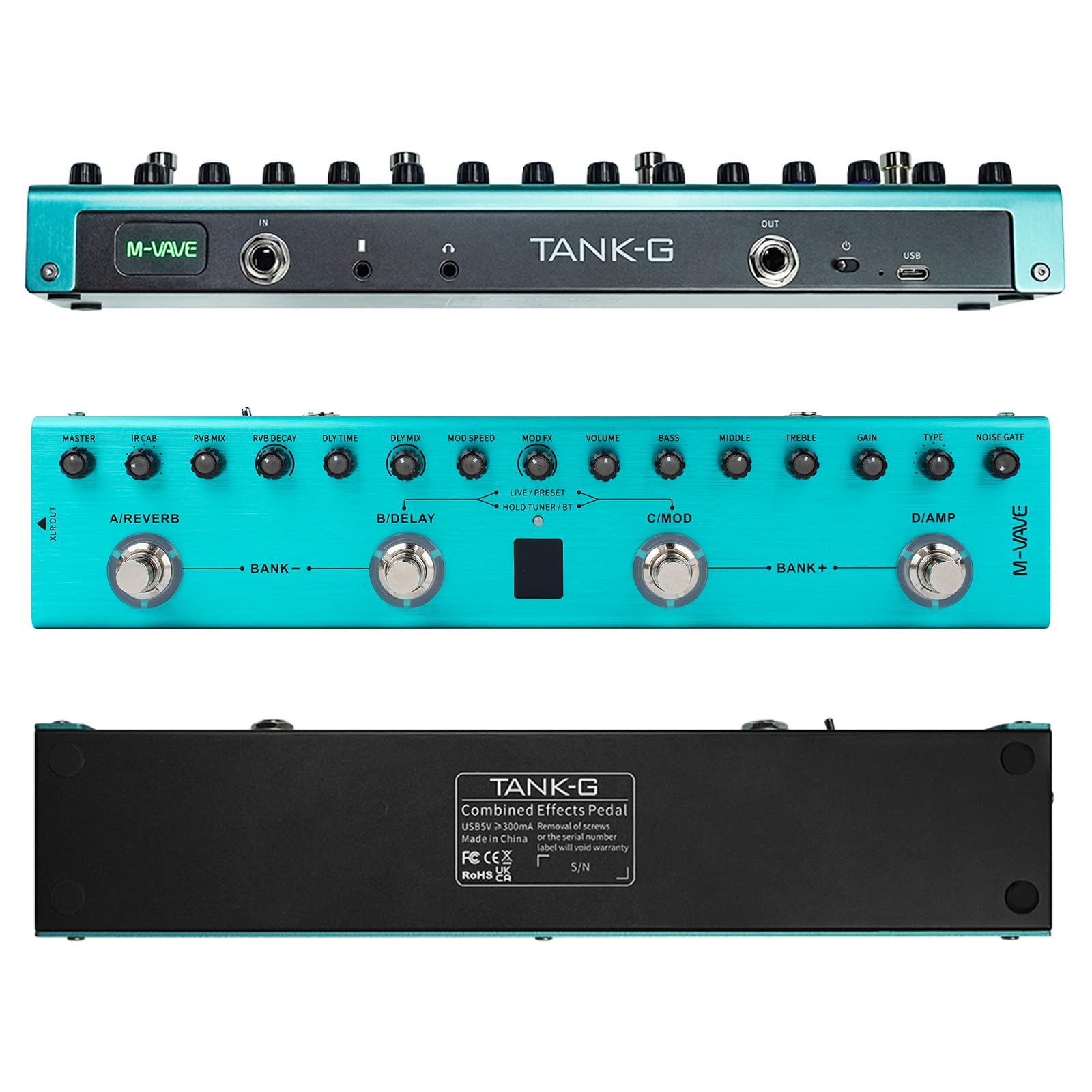 Pedale Multieffetto, TANK-G Dispositivo per chitarra effetto singolo blocco, potente memoria audio, scheda audio integrata, effetto chitarra portatile esterni (batteria integrata da 3000 mAh)