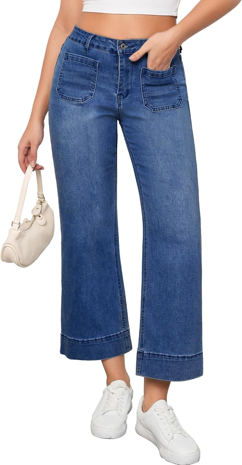 Vetinee Wide Leg Jeans for Women High Waisted Trendy Front Patch Pocket Flare Cropped Jeans Stretchy Denim Jean Pants