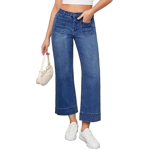 Vetinee Wide Leg Jeans for Women High Waisted Trendy Front Patch Pocket Flare Cropped Jeans Stretchy Denim Jean Pants