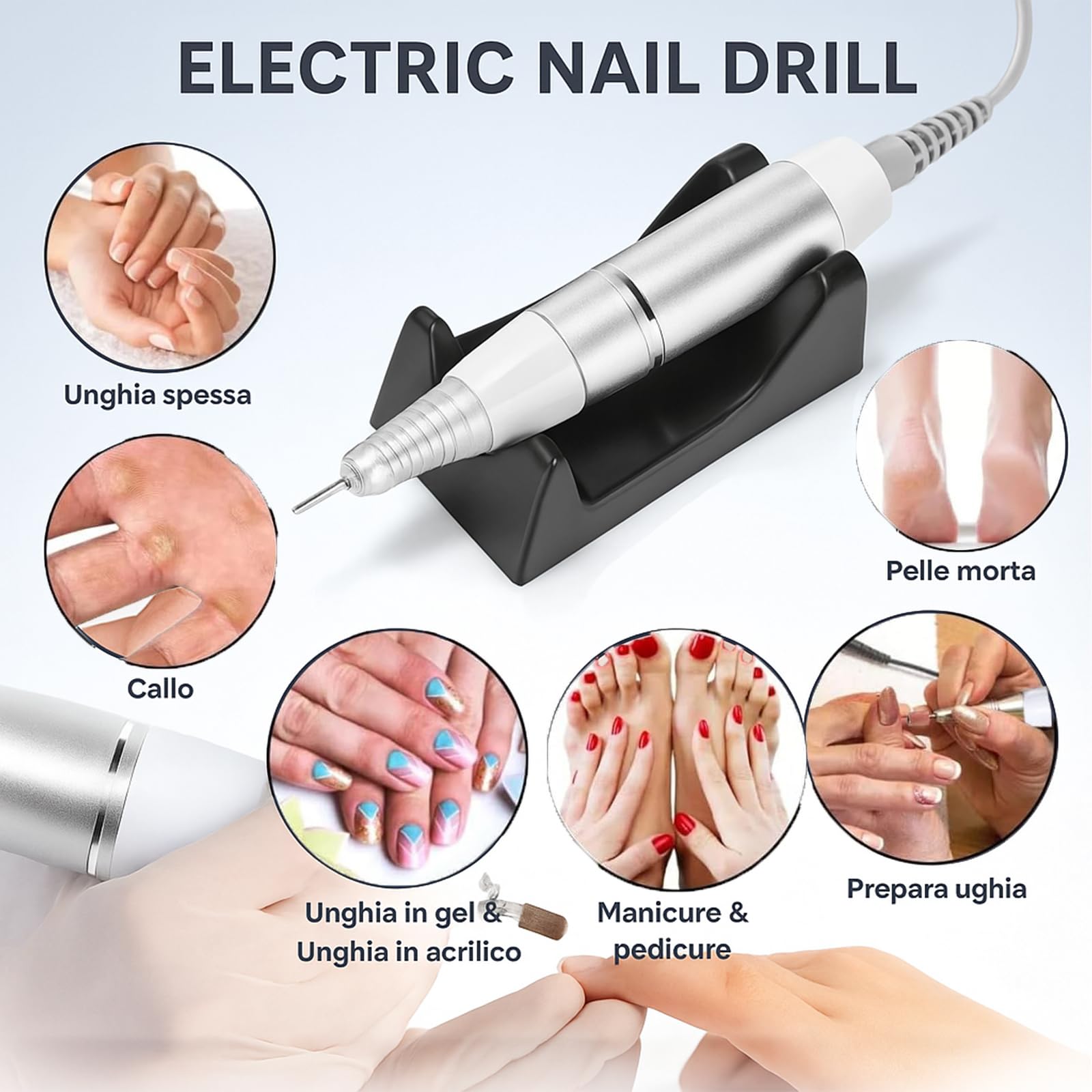 Voltix Fresa per Unghie Professionale 35000 Giri con Velocità Regolabile e Pedale, Trapano Elettrico per Manicure e Pedicure, Fresa Unghie per Rimozione Gel e Smalto, Lima Elettrica Bianca
