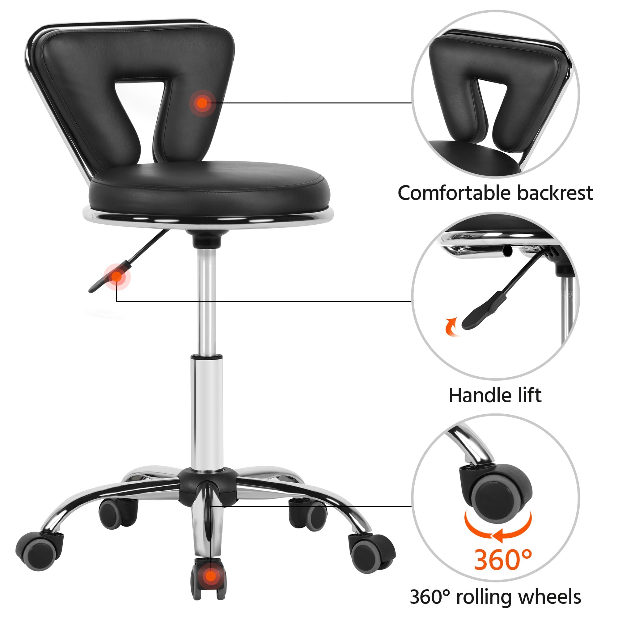 Yaheetech Sgabello Estetista con Schienale con Ruote Altezza Regolabile Girevole per Estetista Parrucchiere Ergonomico Ufficio Studio Scrivania Salone Nero