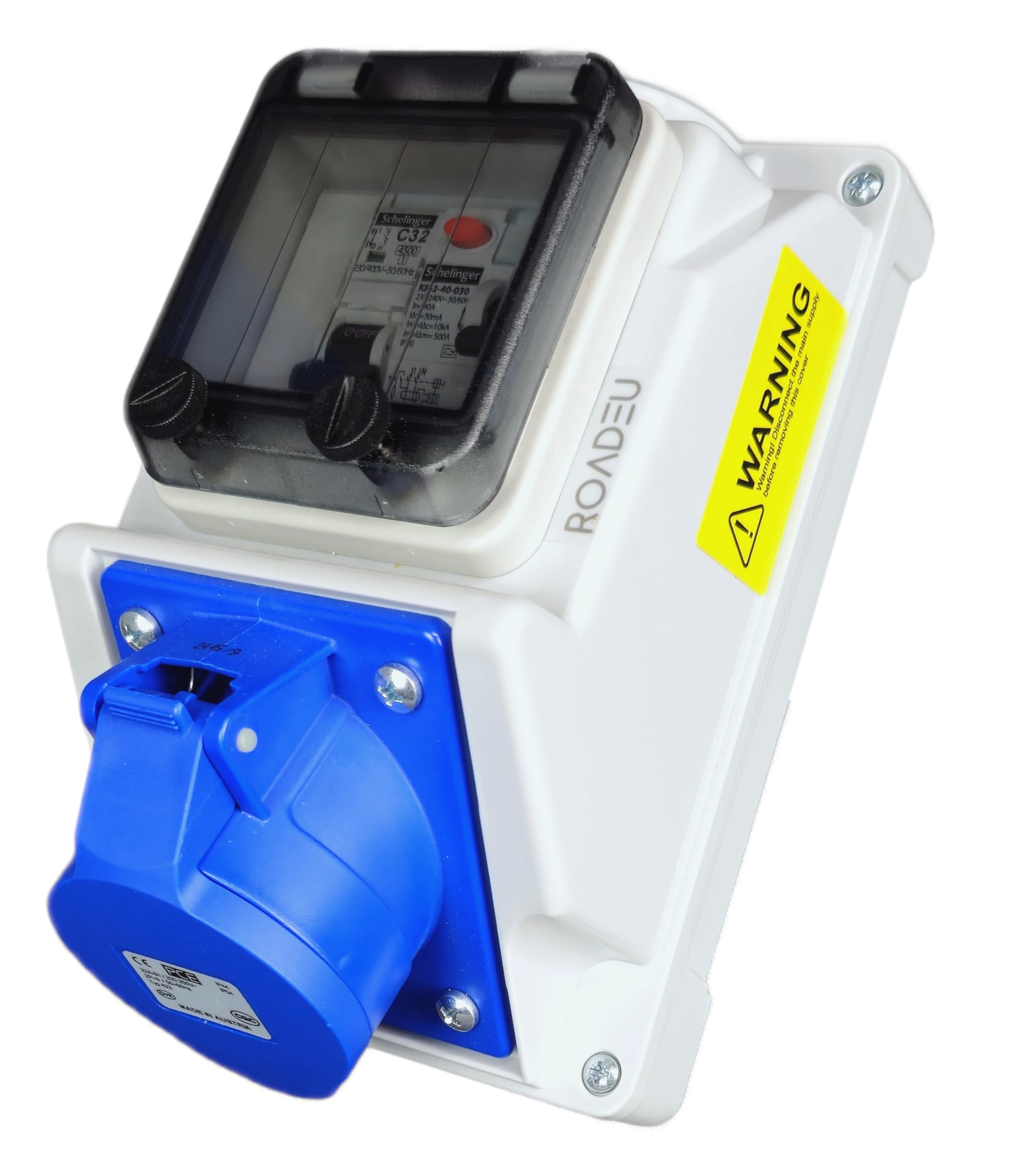 RoadEu - 32Amp Socket 3P 230V - Wall Outlet 230V with 32 amp Circuit Breaker and RCD, Monophase Power Distribution Box - Waterproof IP54