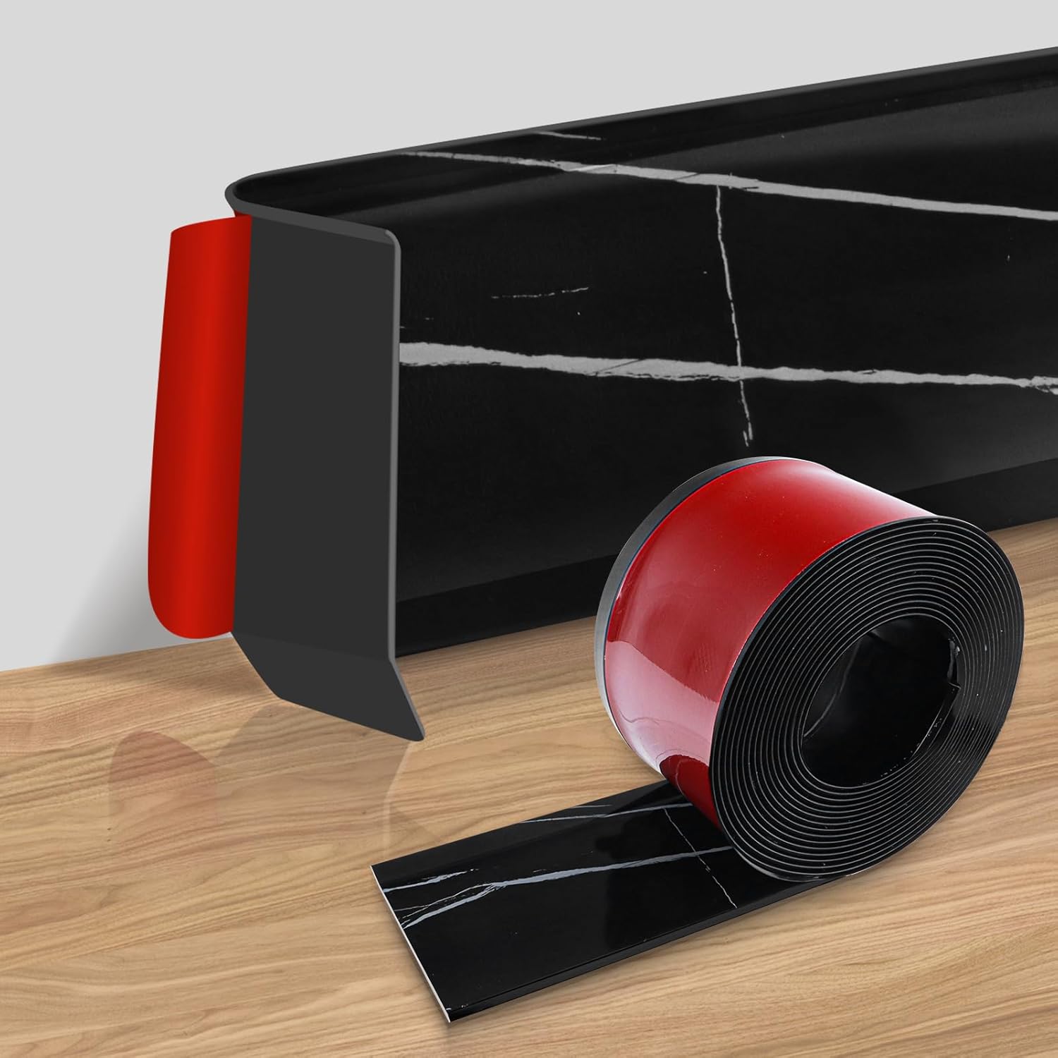 Vinyl Wall Base Baseboard Molding Trim 4inch Flexible Baseboard Trim Wood Peel and Stick Wall Molding (4Inch x 20Feet, GlossyBlackStoneGrain)