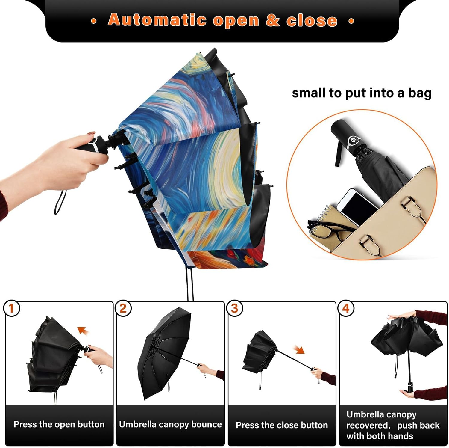 MNSRUU Automatic Folding Umbrella Windproof Strong, UV Protection Compact Black Cat Sun Rain Sun Rain Travel Umbrellas for Women Men