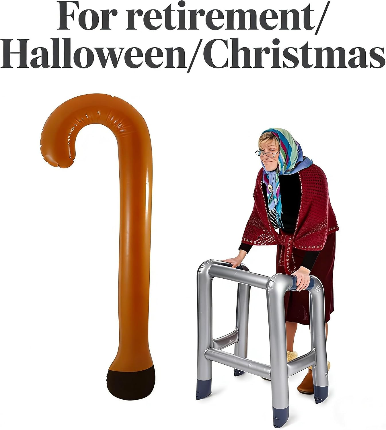 MAGIKON Inflatable Walker and Cane Set, 2Pcs Old Age Party Props | PVC, inflatable, walker 33in, cane 35in, lightweight, deflates for storage, retirement gag gift, Halloween Christmas costume