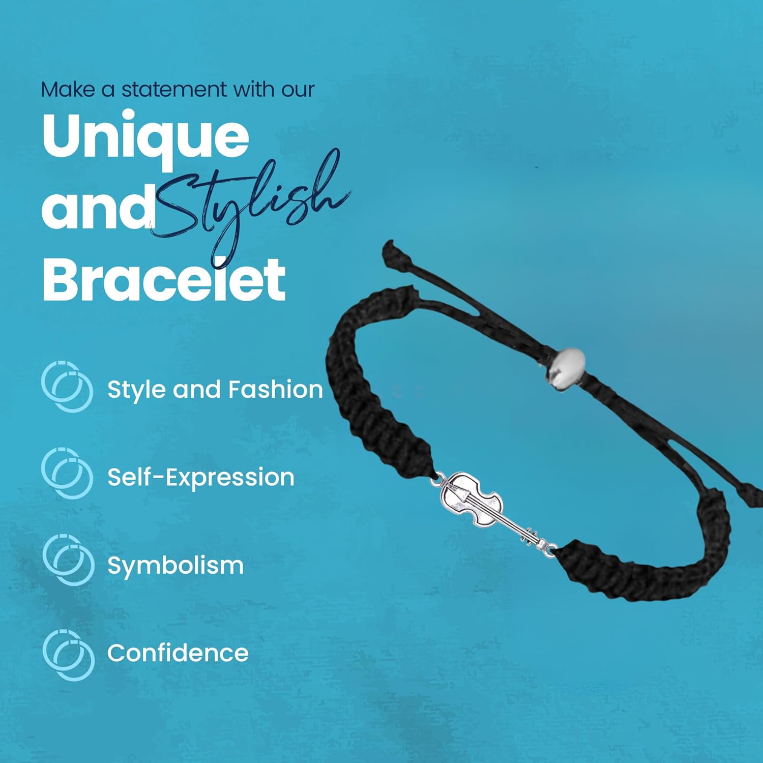 Infinity Collection - Violin Charm Bracelet (Black) Music Jewelry - Adjustable Friendship Bracelet, Braided String Stirrup Bracelet for Women, Teens and Girls. Gift for Musicians Violinist. - Image 2