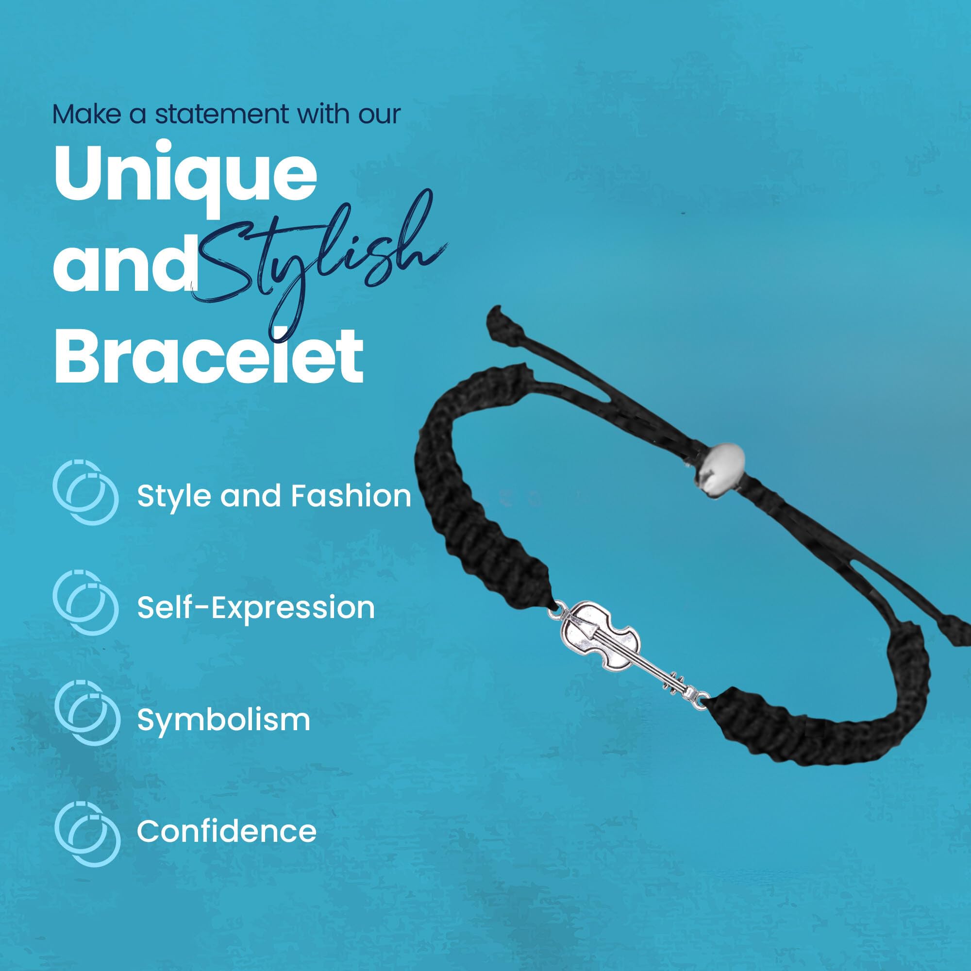 Infinity Collection - Violin Charm Bracelet (Black) Music Jewelry - Adjustable Friendship Bracelet, Braided String Stirrup Bracelet for Women, Teens and Girls. Gift for Musicians Violinist.