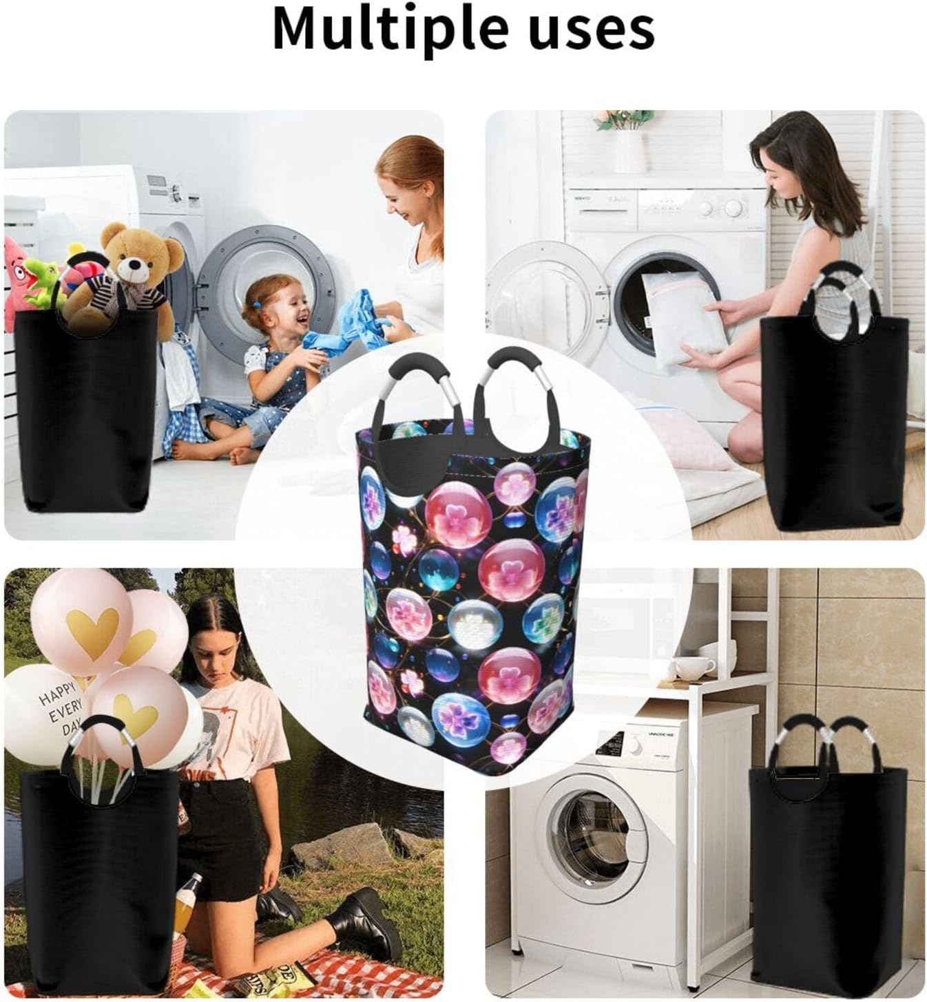 Midnight Floral Luminescence Foldable Dirty Laundry Bag, Waterproof Oxford Fabric With Pe Board Base, 50l Capacity For Home & Travel
