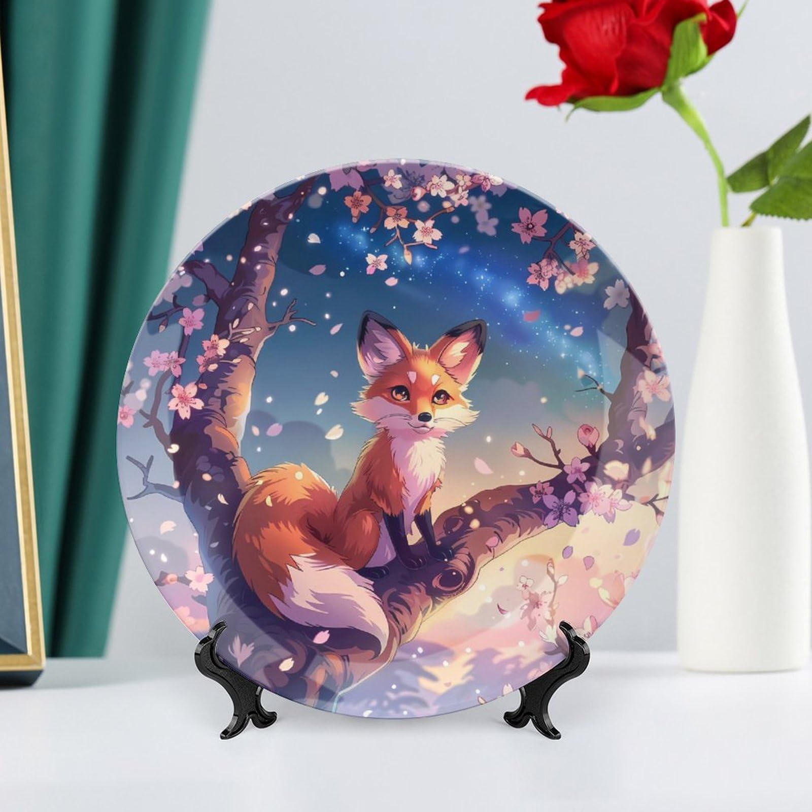 Piatto decorativo con supporto espositivo, in ceramica, con motivo a dei cartoni animati, in porcellana ossea, per decorazioni per feste e matrimoni