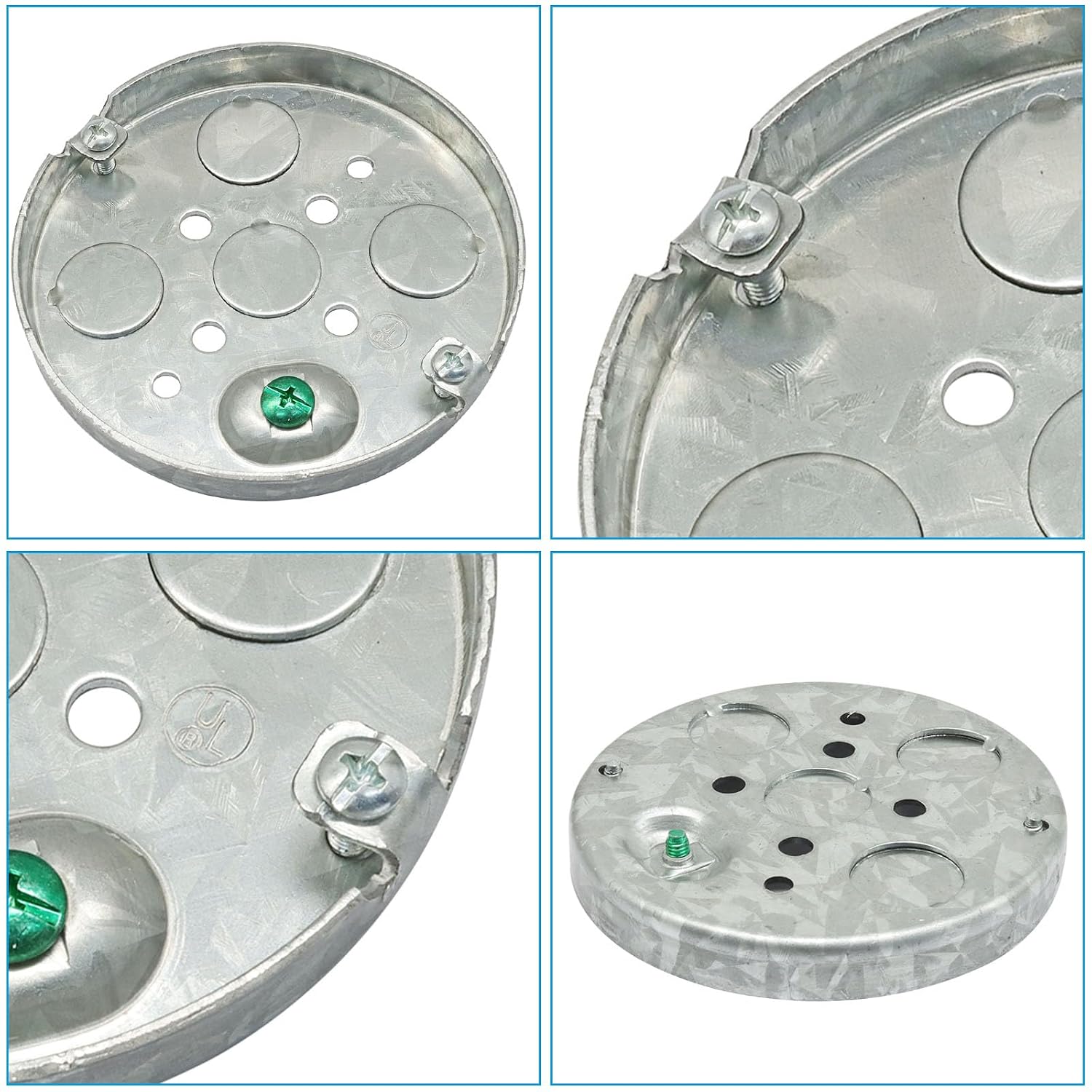 1/2 Inch Deep Round Metal Electrical Box, 4 Pack | Ceiling Fan & Wall Lighting Fixtures, 1/2 Inch Bottom Knockouts, Galvanized Steel