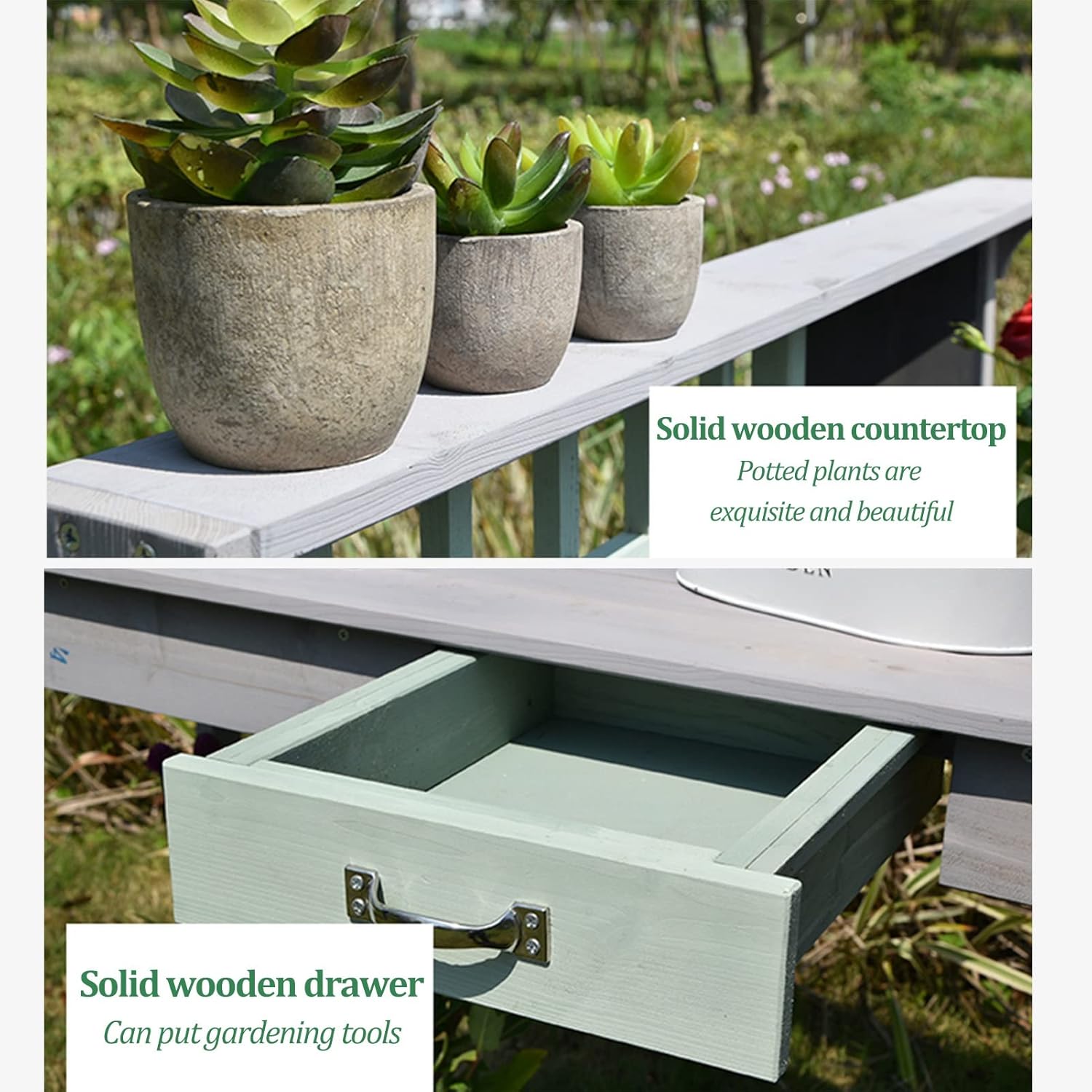 Outdoor Potting Bench Table Work Bench Station Workstation with Drawer/2 Tier Storage Shelf for Backyard, Patio and Lawns