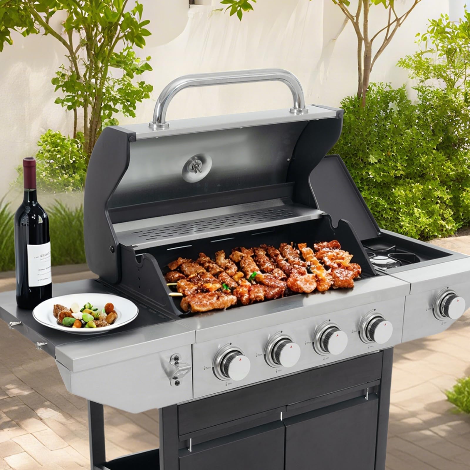 endark 4-burner propane gas grill | stainless steel construction | dual side racks and wheels | designed for patio, garden, and backyard cooking