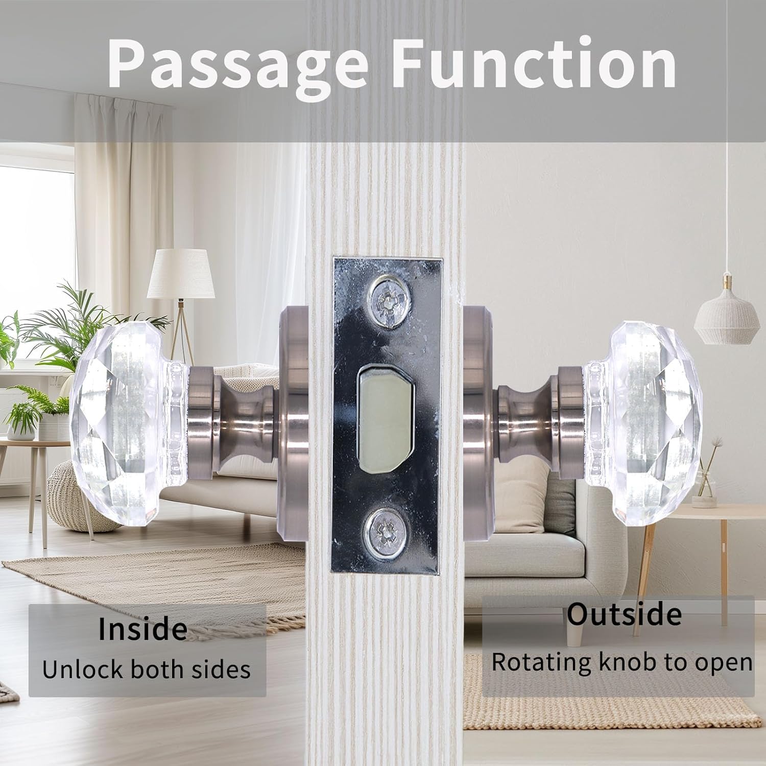 Crystal Door Knobs 1 Pack, Passage Glass Door Handles Interior Levers Silver Antique Clear for Bedroom Study Laundry Room Entrance Hall, Stain Decorative