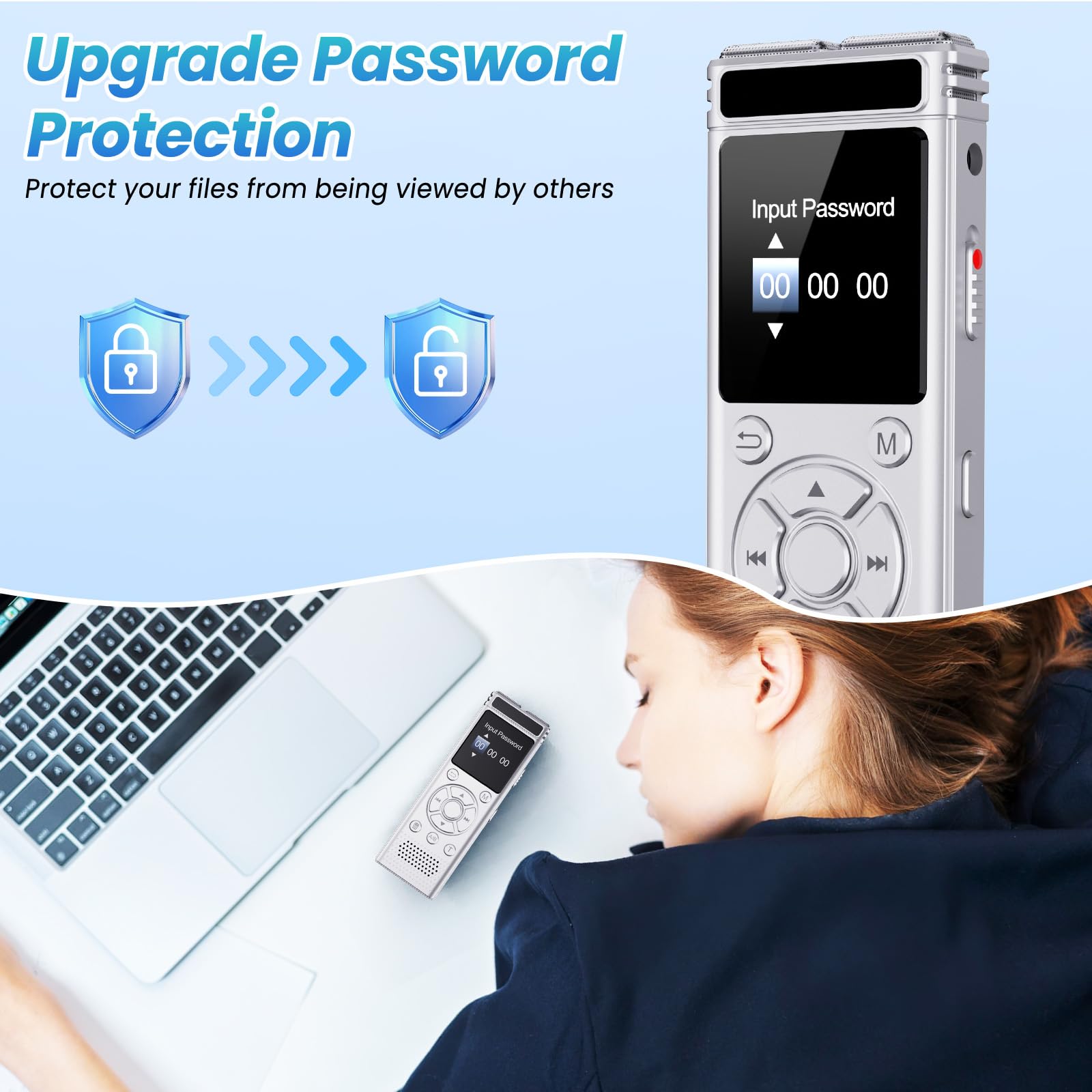 Registratore vocale digitale da 136 GB con riproduzione, dispositivo di registrazione audio 9000 ore, registratore vocale attivato con riduzione del rumore, ripetizione A-B, lettore MP3 e password per