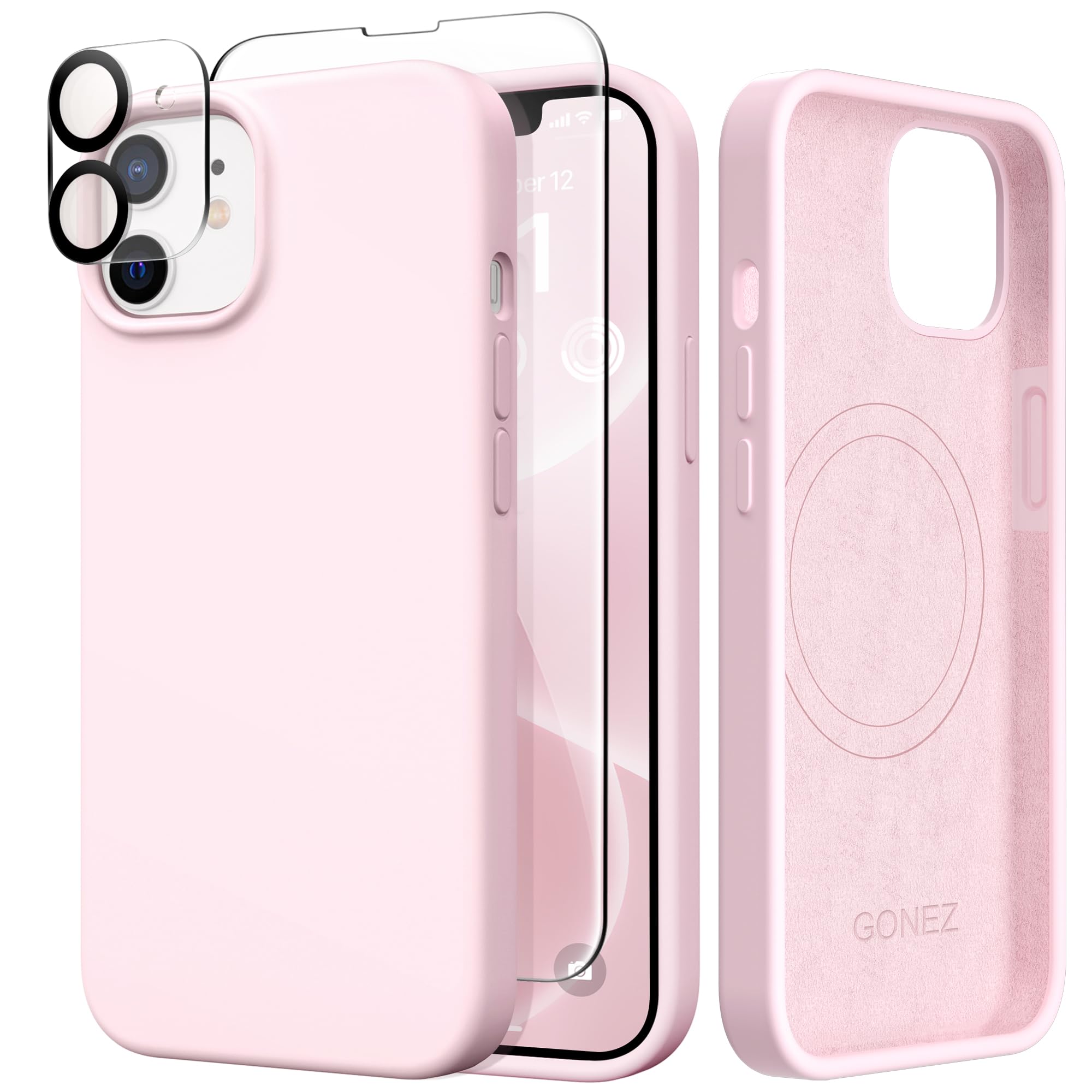GONEZ Magnetic for iPhone 12 Case / 12 Pro Case, Compatible with MagSafe, [Screen Protector + Camera Lens Protector], Silicone Shockproof Anti-Scratch Protective Phone Case 6.1 inch, Chalk Pink