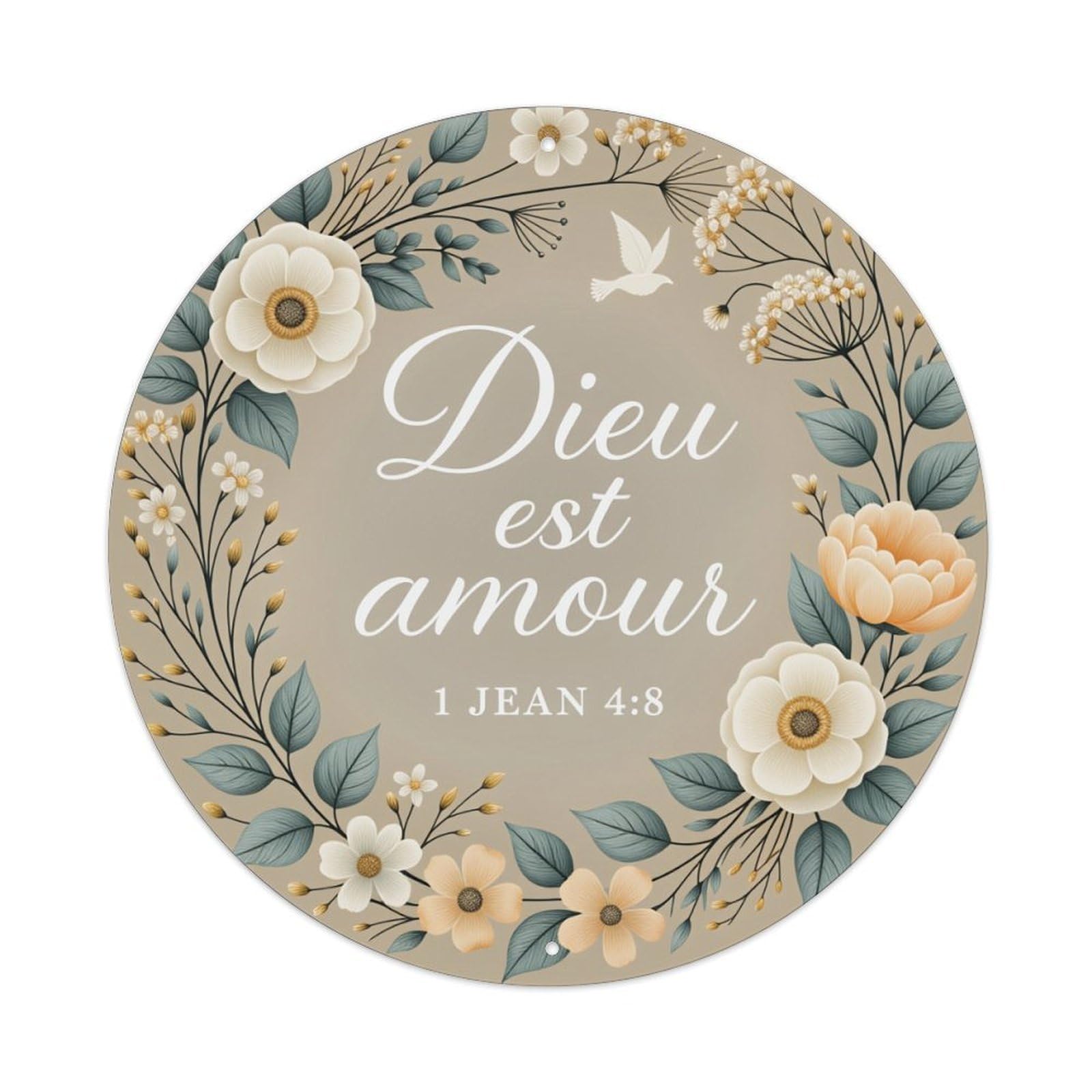 Floral Wreath With White And Peach Flowers And Leaves Round Vintage Tin Sign,Retro Wall Art,Metal Poster for Home, Bar, Garage, Cafe, Rustic Indoor & Outdoor Decor, 8x8 Inches