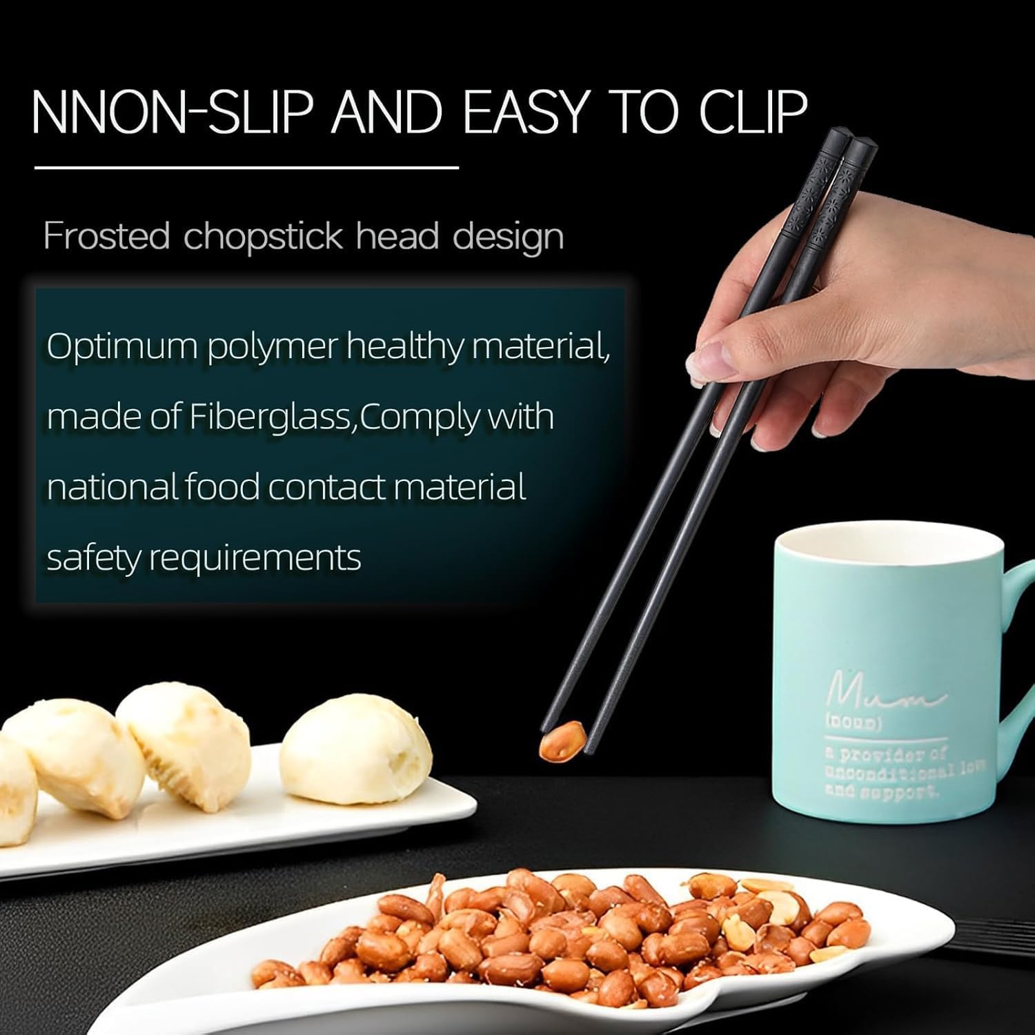 1000 Pairs Fiberglass Chopsticks Reusable Chopsticks Dishwasher Safe 9.4 Inches/24cm Non-Slip Japanese Style Sushi Chop Sticks, Black