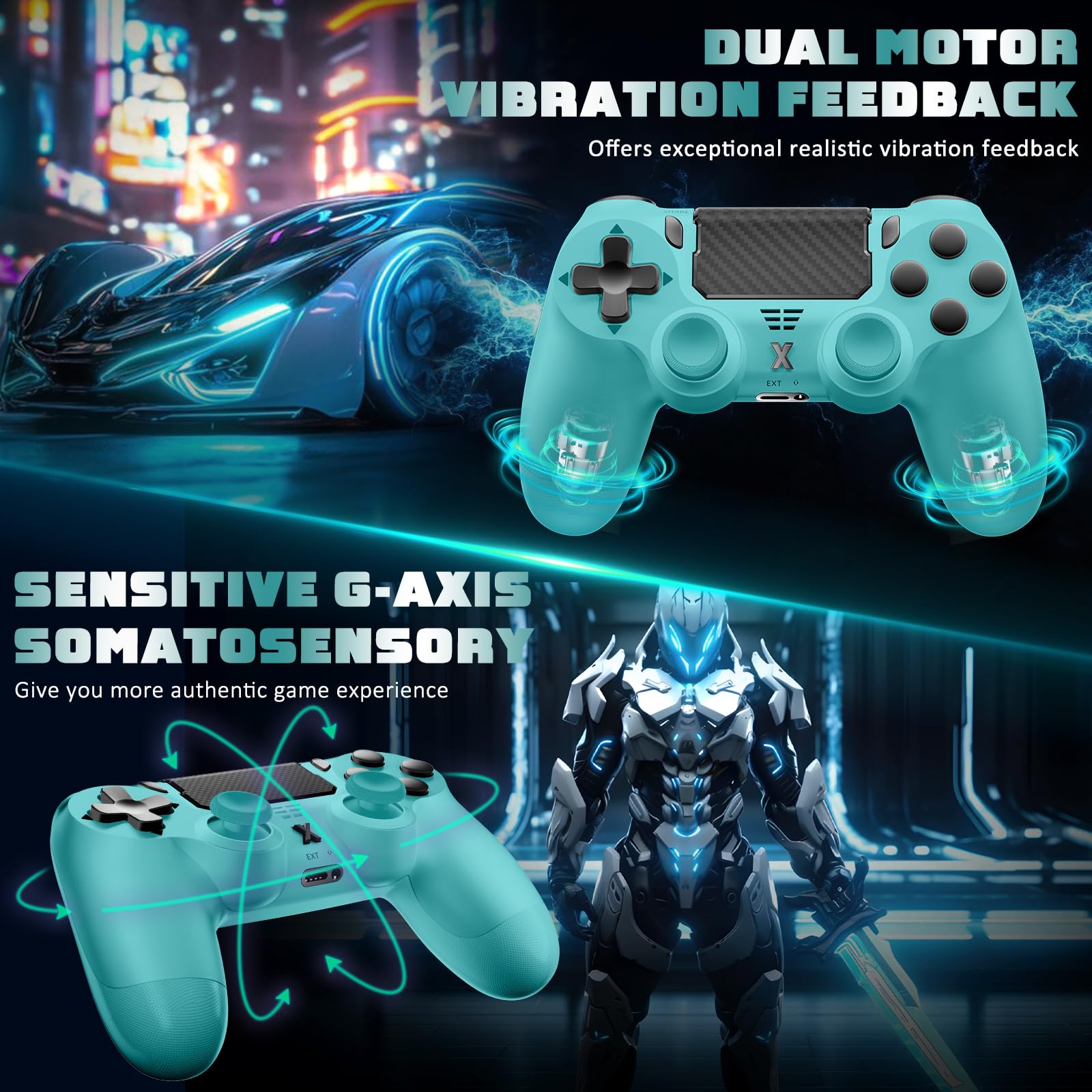 Glitfix Wireless Controller für PS-4, Game Controller kompatibel mit PS-4/Pro/Slim/PC Gamepad mit Turbo/Zurück Taste/Dual Vibration/6-Achsen Gyro Sensor/Touchpanel(Blau-grün)