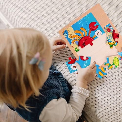 Miniatura 8 de CCLIFE Juego de rompecabezas de madera para 2-5 años, 12 piezas de madera colorida educativa animales marinos rompecabezas (4 rompecabezas)