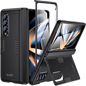 for Galaxy z-Fold-4 Stand Slim Case 9H Screen Protector Hidden Kickstand Wireless Charging Thin Design for Business Professionals Phone Cover for Samsung z fold 4 5G 2022 Black