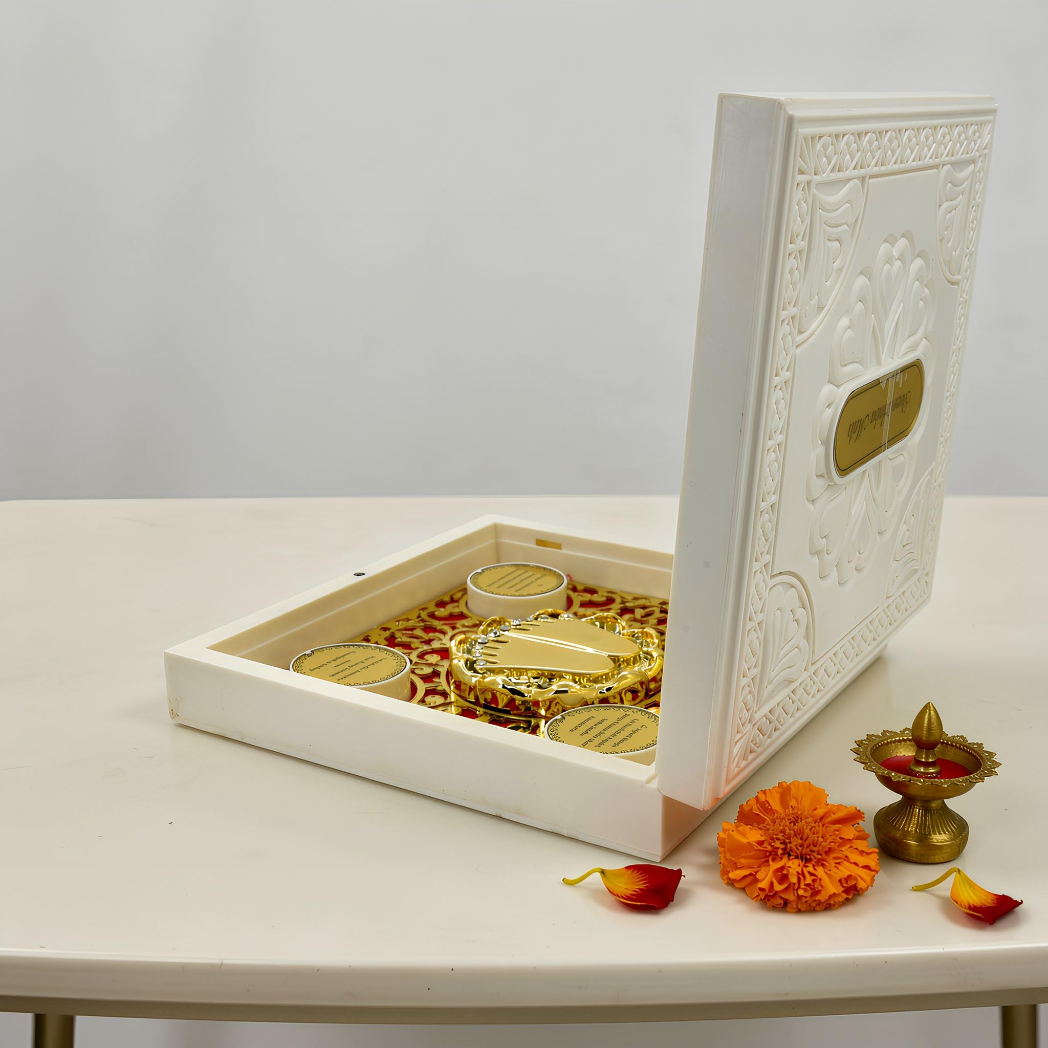 KABIR WORLD Ambe Maa Gold-Plated Charan Paduka Yantra Box – Ivory Embossed Religious Decor & Pooja Gift 1