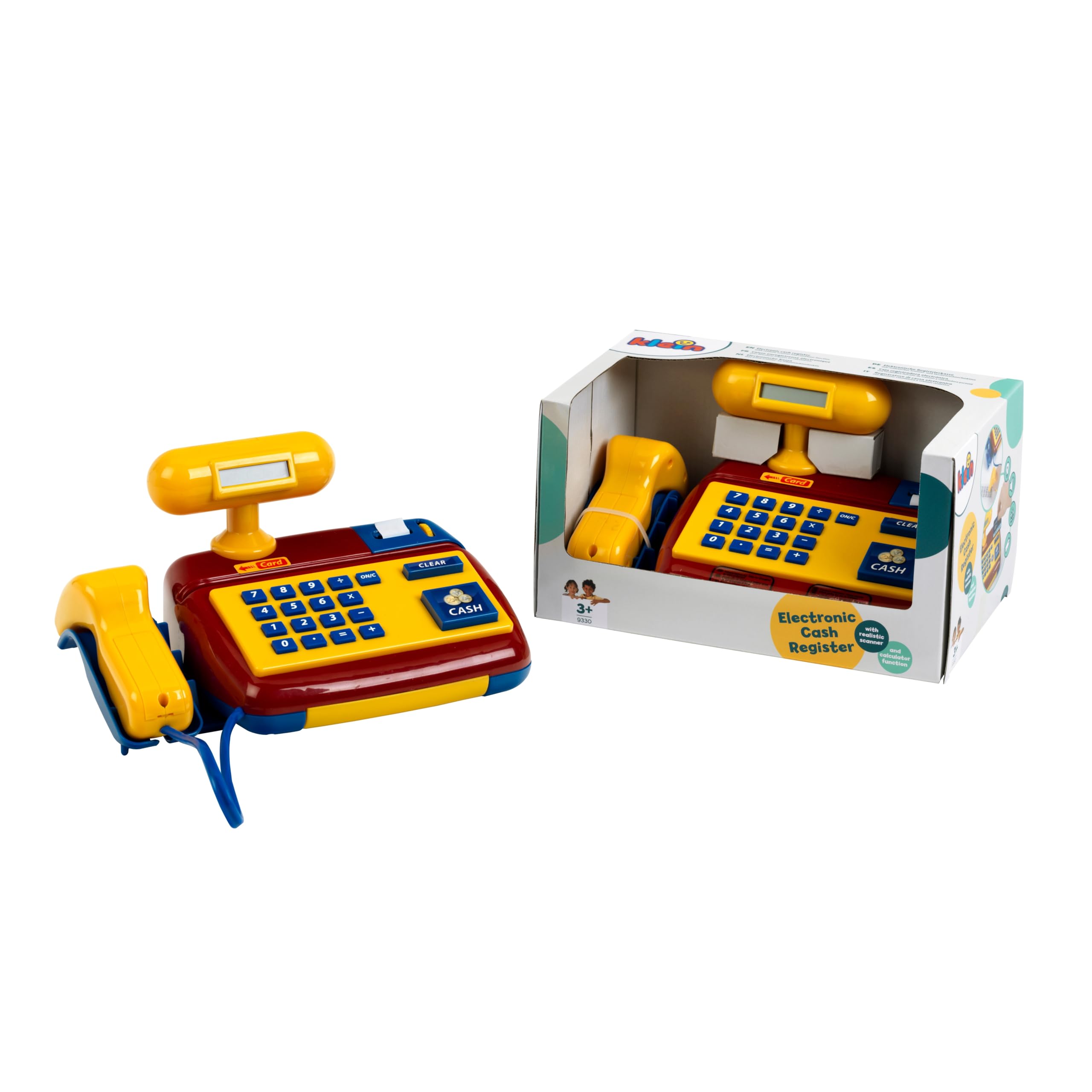 Theo Klein 9330 Registratore di Cassa elettronico, Registratore di Cassa con Scanner, calcolatrice, Suono, Include Soldi per Giocare, 26,5 cm x 17 cm x 14 cm, Giocattoli per Bambini dai 3 Anni in su