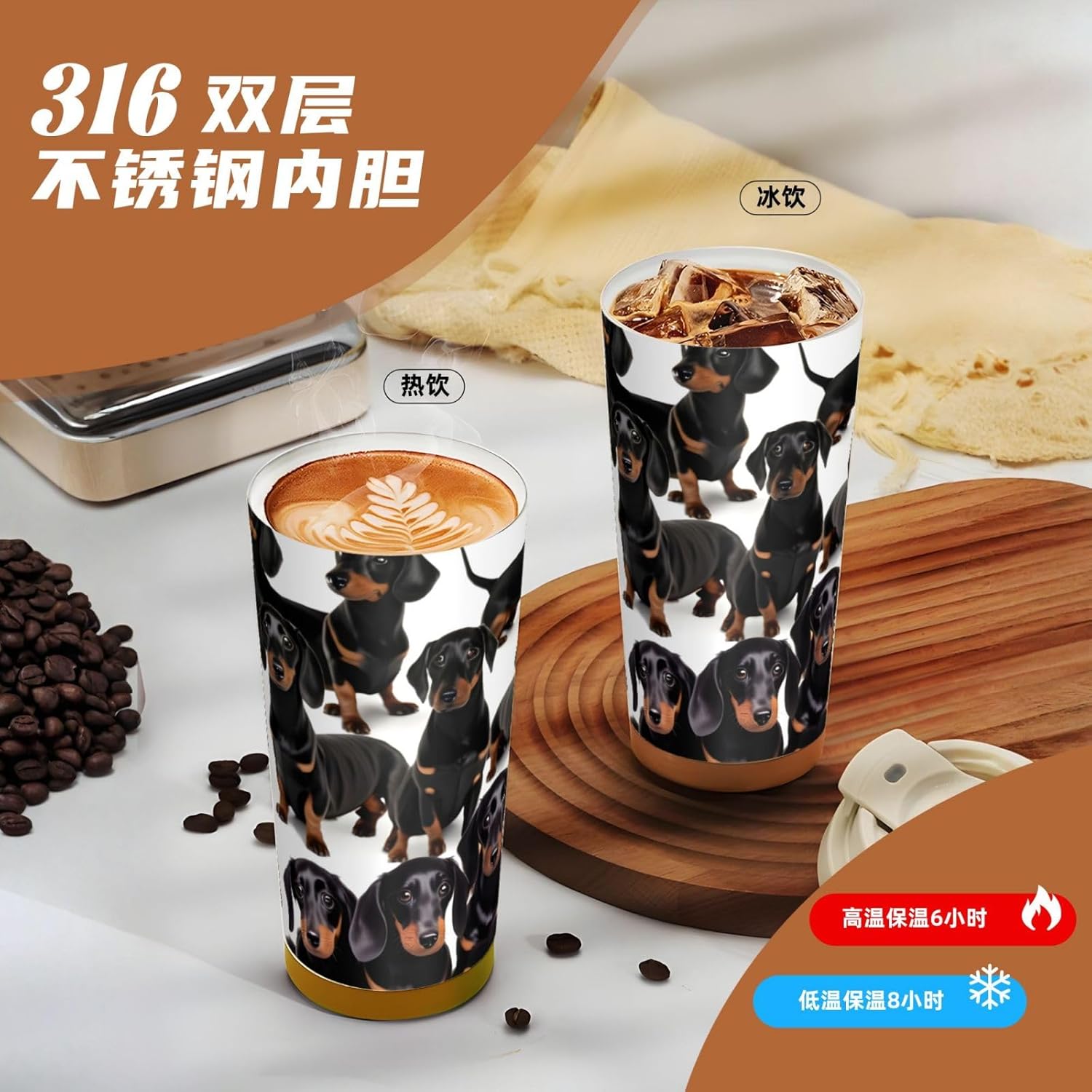 Dachshund Weiner Pet Dog Print Leakproof Insulated Coffee Mug,Stainless Steel Dual Drink Travel Tumbler,17 OZ
