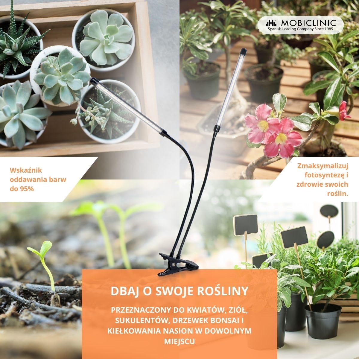 Mobiclinic®, Lampa roślinna led, Growflex x2, 3 tryby, 6000k, 10 poziomów jasności, 2 głowice, Pełne spektrum, Wyłącznik czasowy, Obrót 360°, 40w, Elastyczny, Rośliny domowe, Usb