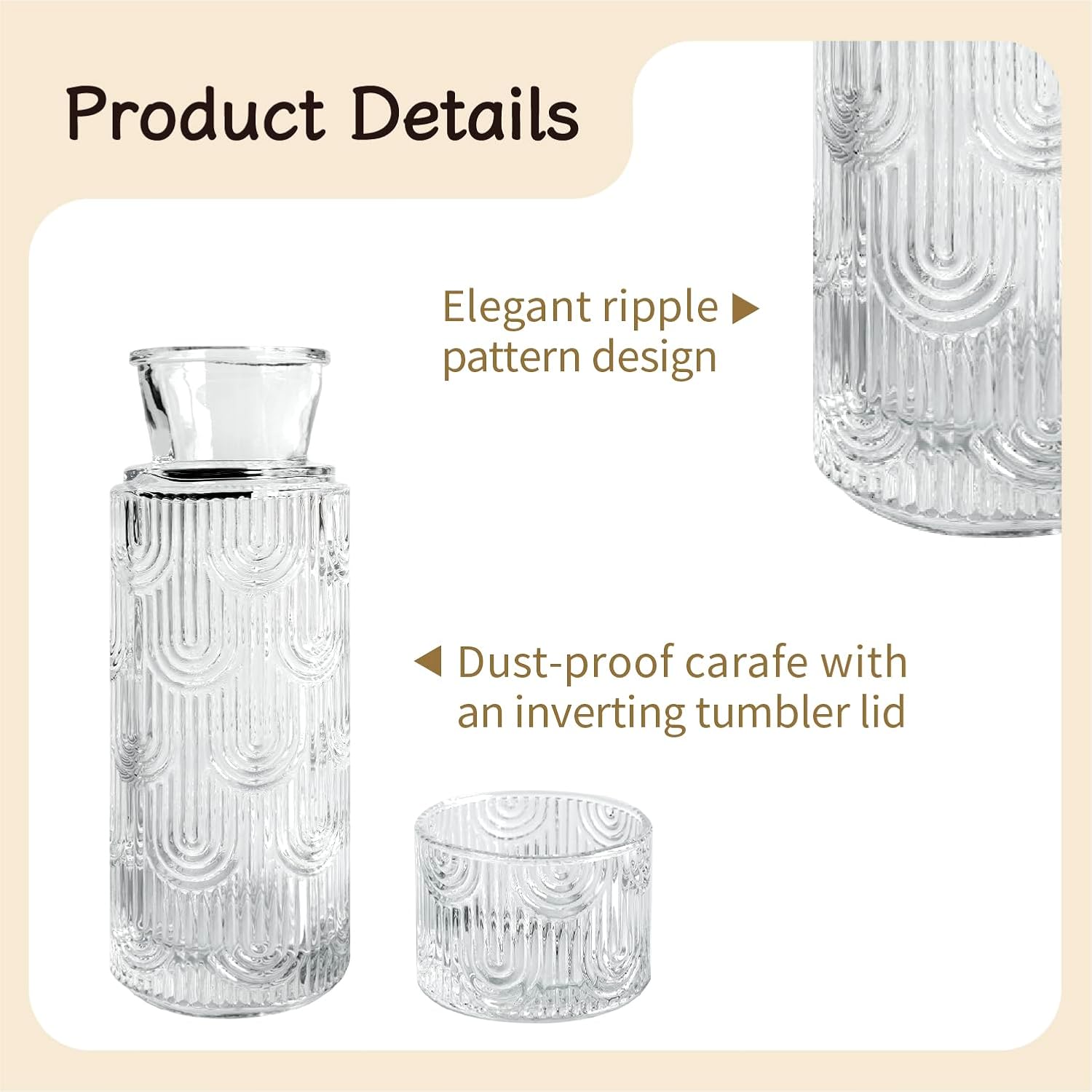 Glass Water Carafe with Cup, 22oz Lead-Free Bedside Night Water Pitcher with Drinking Glass, Textured Ribbed Design for Bedroom, Mouthwash Dispenser for Bathroom (Clear) - Image 4