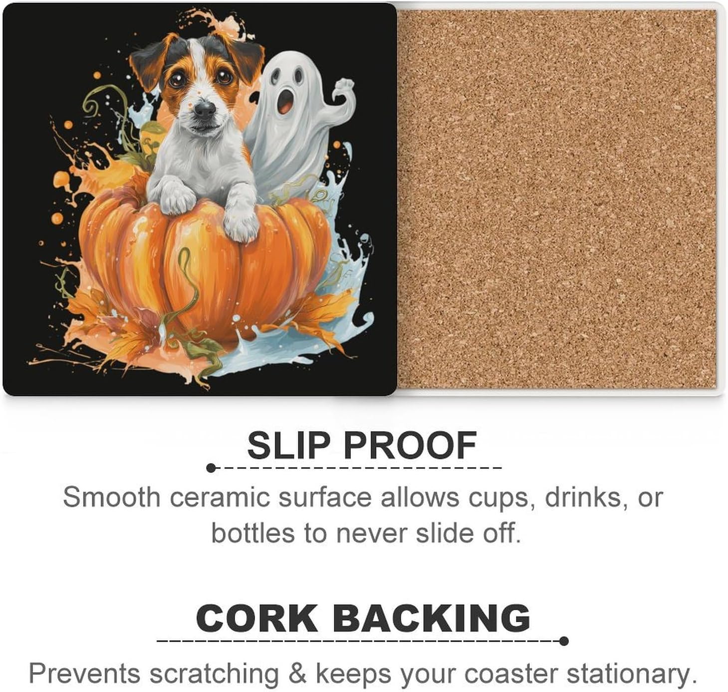 Jack Russell Terrier Halloween Coaster for Drinks Square Ceramic Table Coasters Stone Mat Crafts 6PCS Home Kitchen Decor