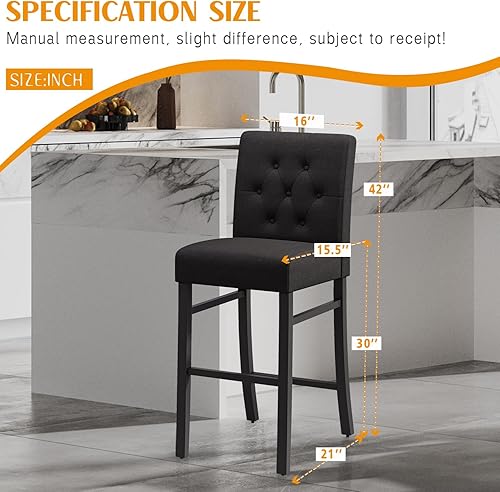 Miniatura 9 de Juego de 2 taburetes de bar de lino beige, diseño ergonómico con marcos de madera resistentes, ideales para cocina, comedor, bares, oficinas