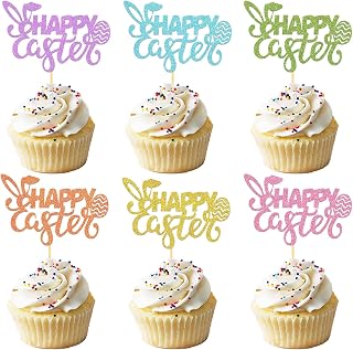 24Pcs Happy Easter Cupcake Toppers for Decorations, Rabbit Cake Toppers for Cake Decorations (Happy)